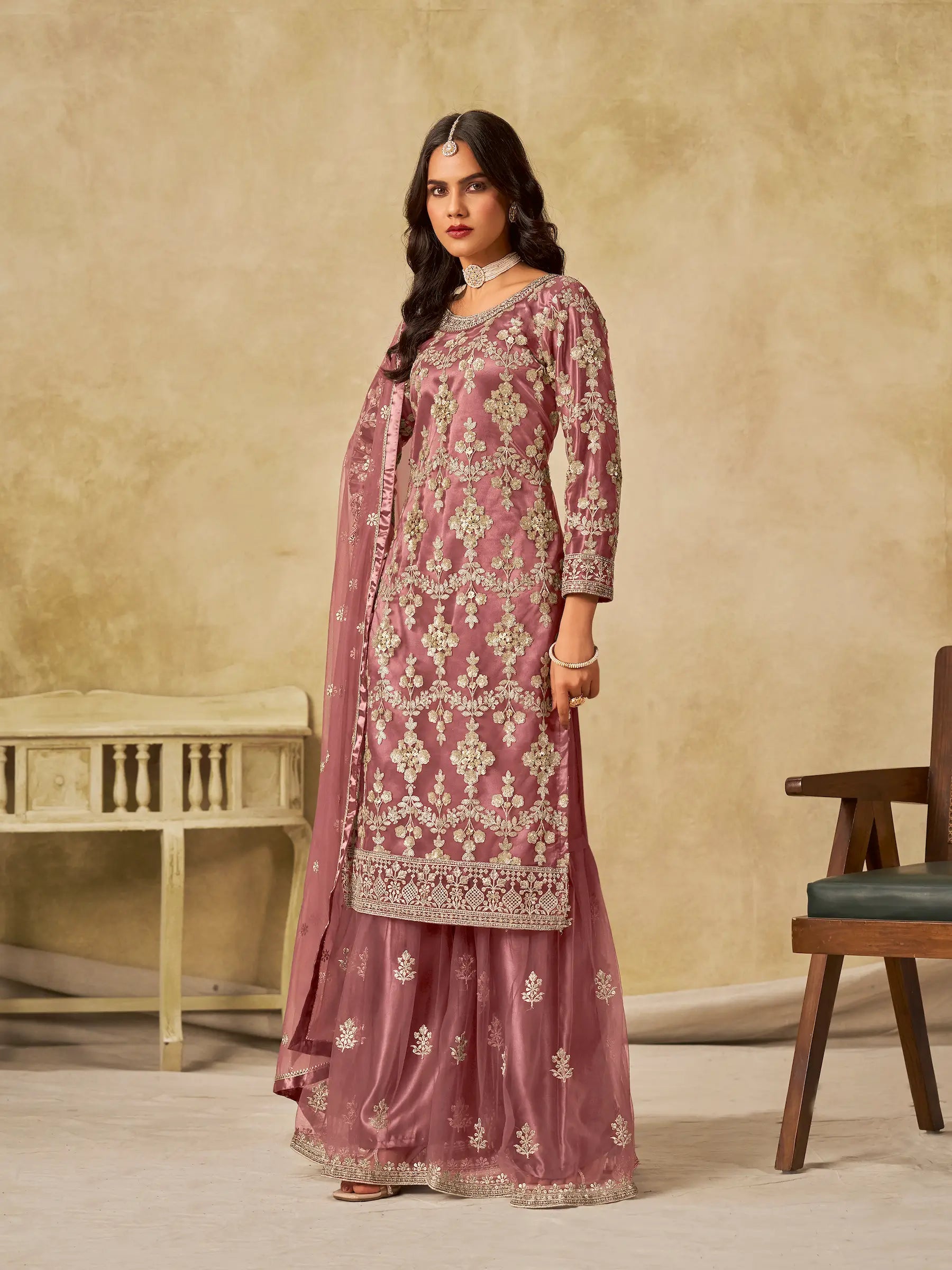 Brownish Pink Net Palazzo Suit With Sequins Embroidery - qivii