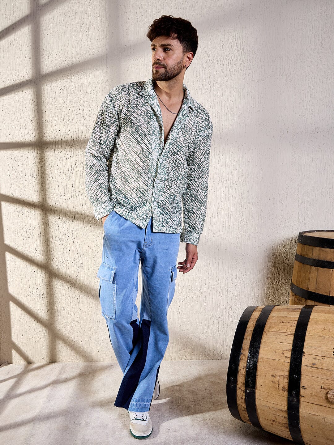 White And Olive Floral Lace Shirt