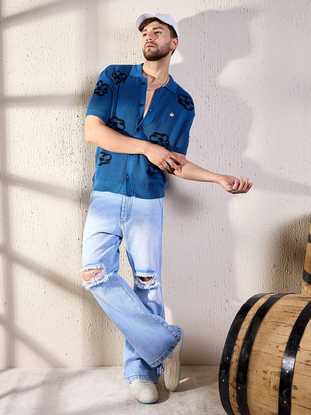 Navy Floral Knitted Shirt - qivii