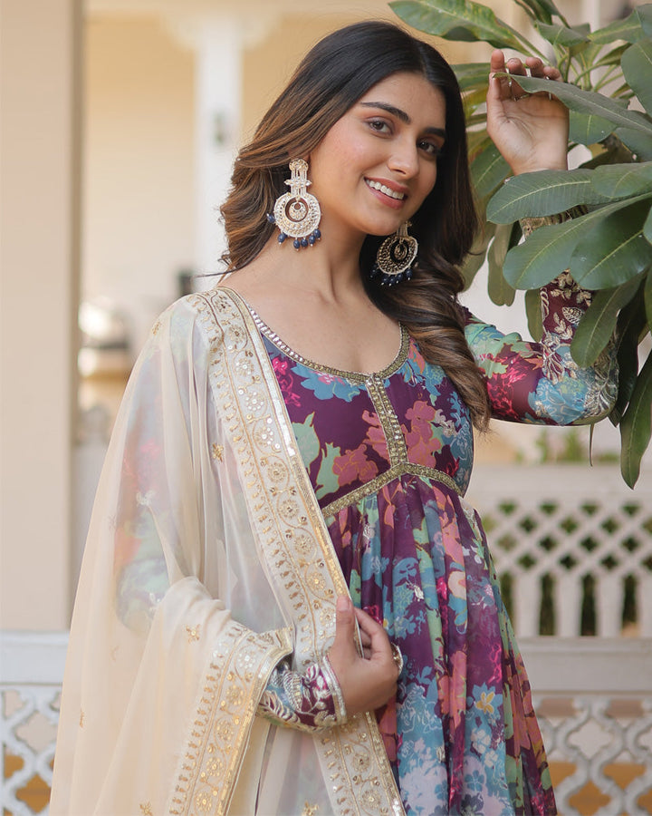 Wedding Wear Floral Embroidered Wine Color Alia Cut Gown With Dupatta  - By Qivii