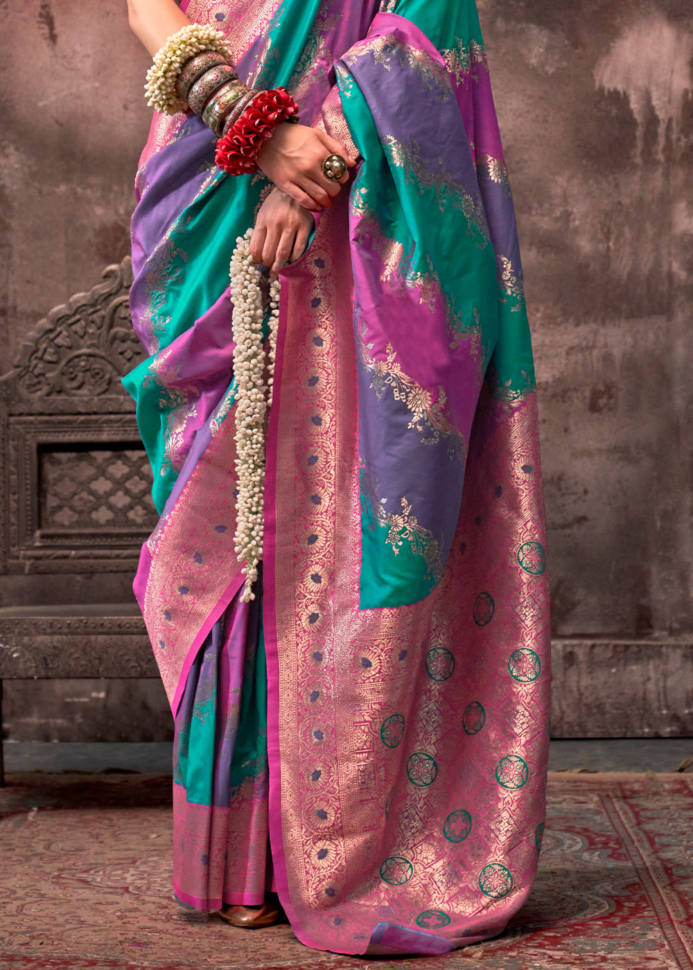 Purple & Green Rangkaat Handloom Silk Saree