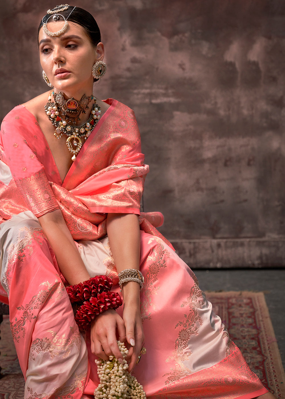 Peach Pink Rangkaat Handloom Silk Saree - qivii