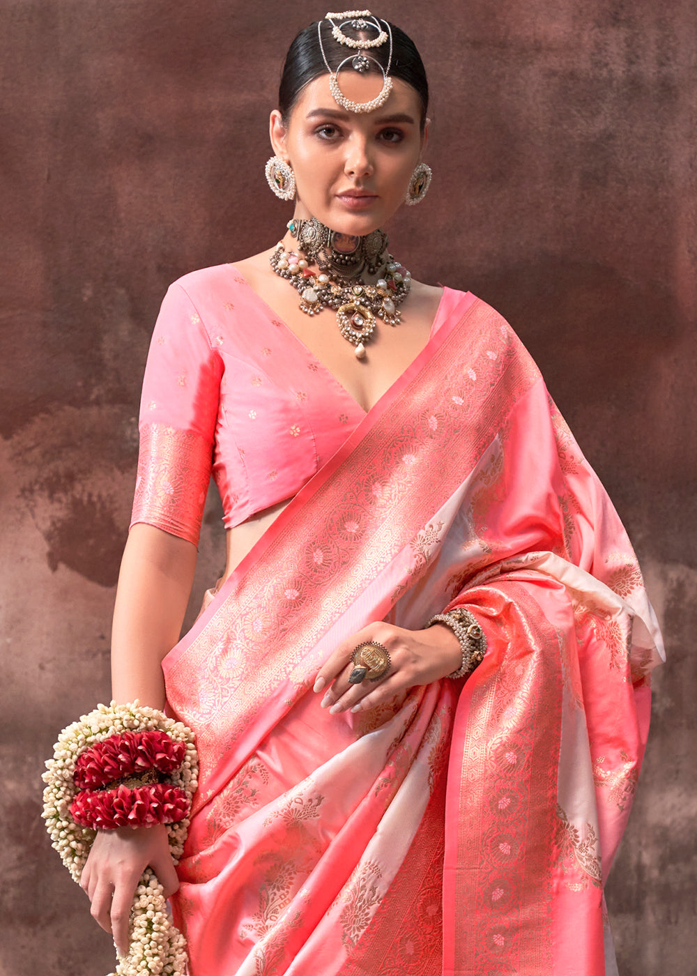 Peach Pink Rangkaat Handloom Silk Saree - qivii