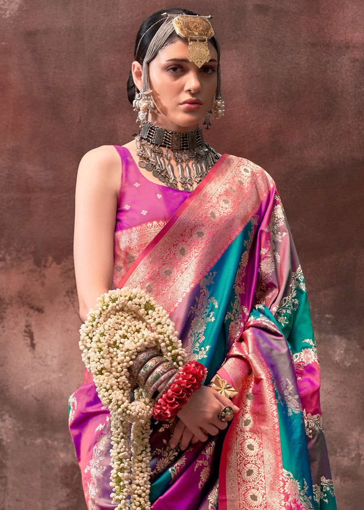  Model wearing Blue and Pink Rangkaat Handloom Silk Saree with matching blouse