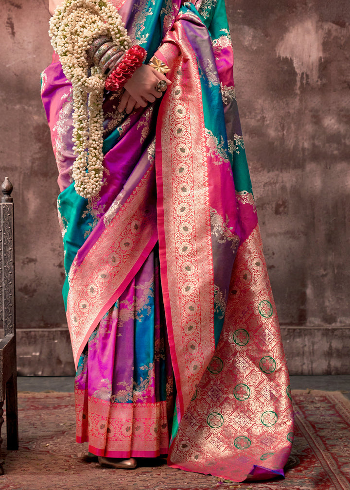  Traditional Indian handloom silk saree in Blue and Pink color combination