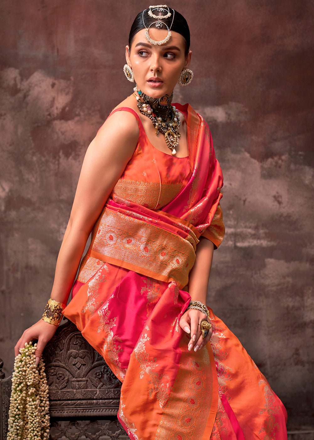 Pink & Orange Rangkaat Handloom Silk Saree - qivii