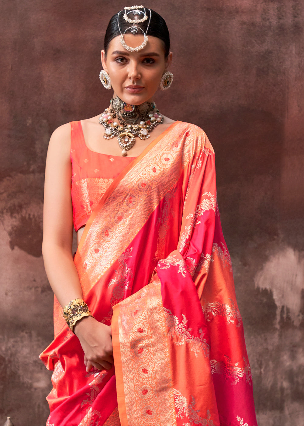 Pink & Orange Rangkaat Handloom Silk Saree - qivii
