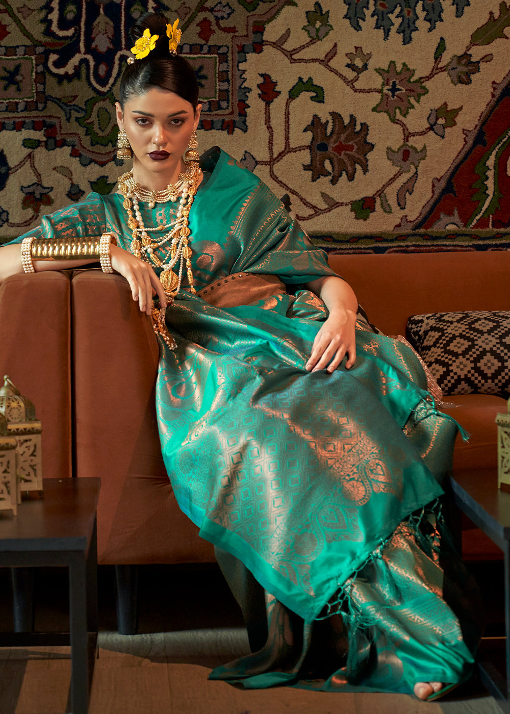 Turtle Green Copper Zari Handloom Weaving Silk Saree - qivii