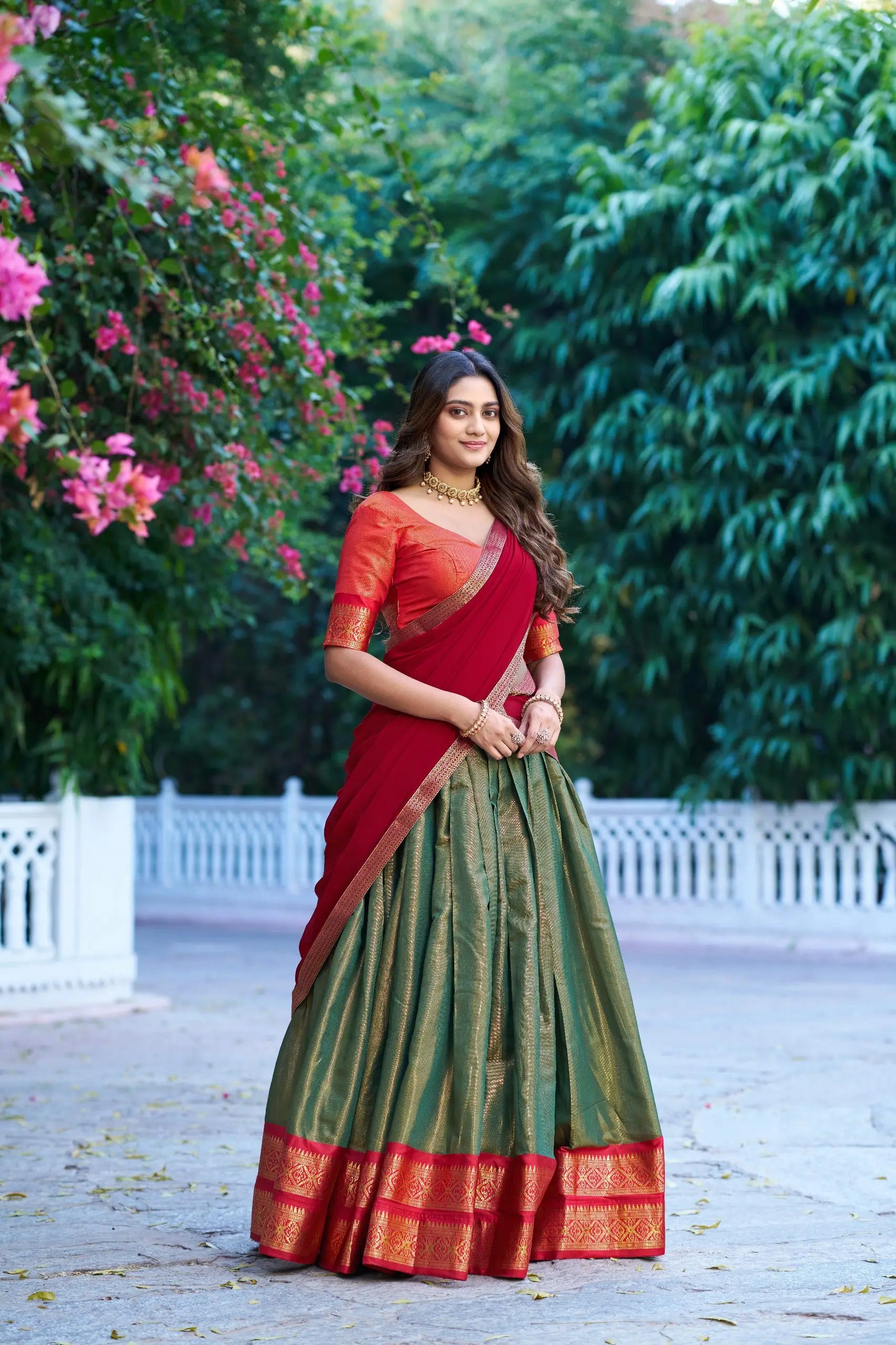 Olive Green Kanchipuram Lehenga Choli