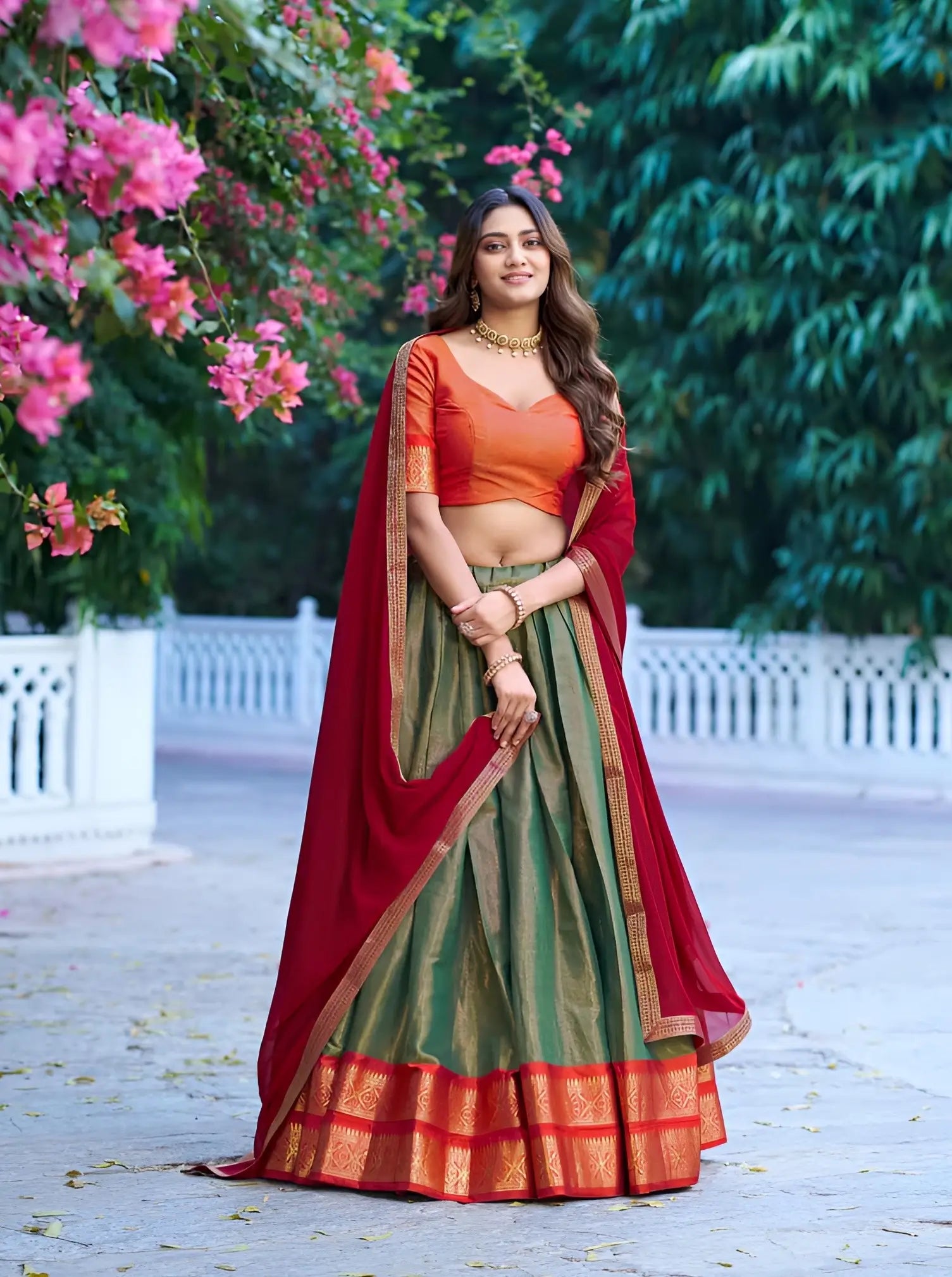 Olive Green Kanchipuram Lehenga Choli