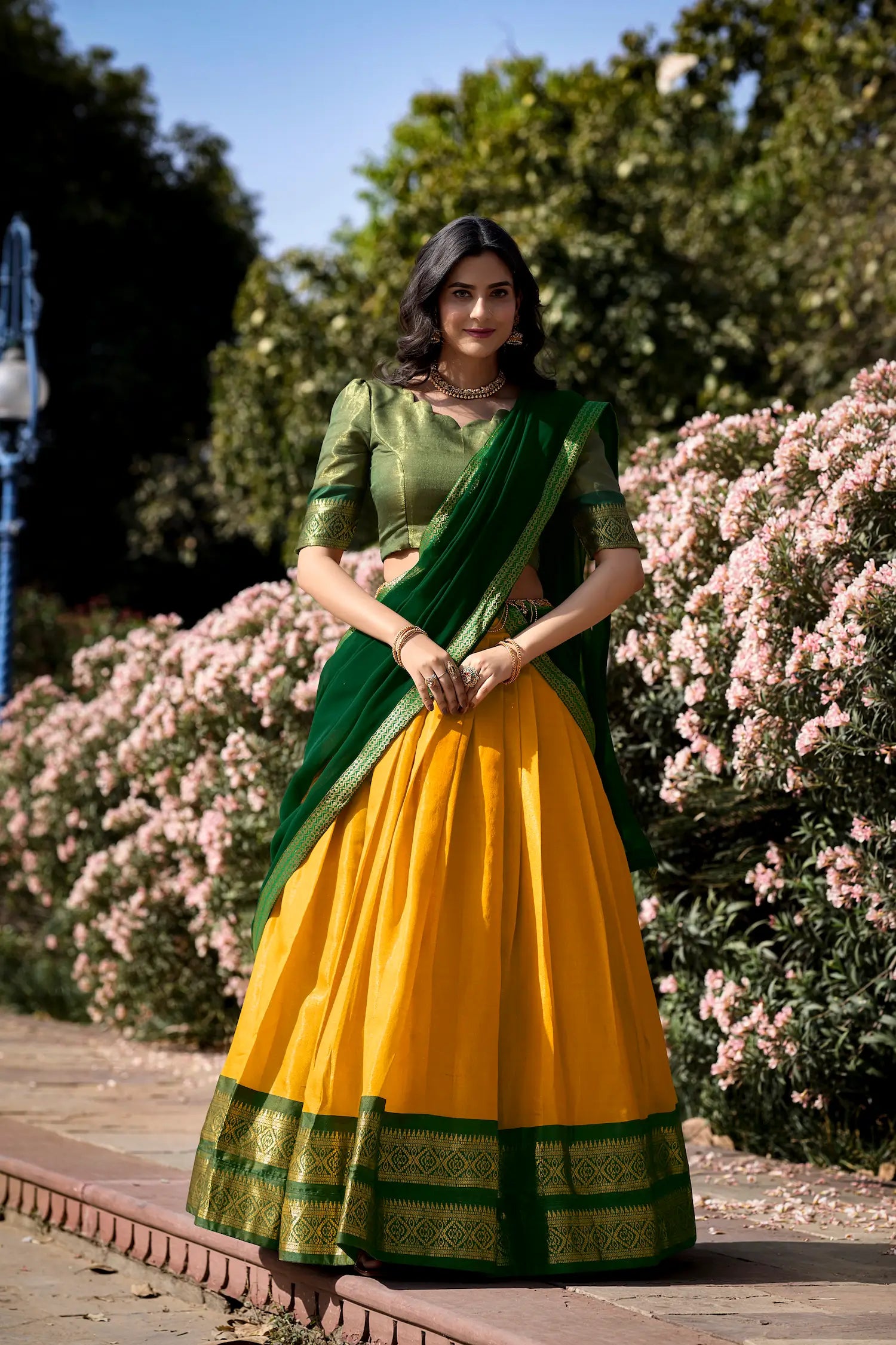 Bee Yellow Kanchipuram Lehenga Choli
