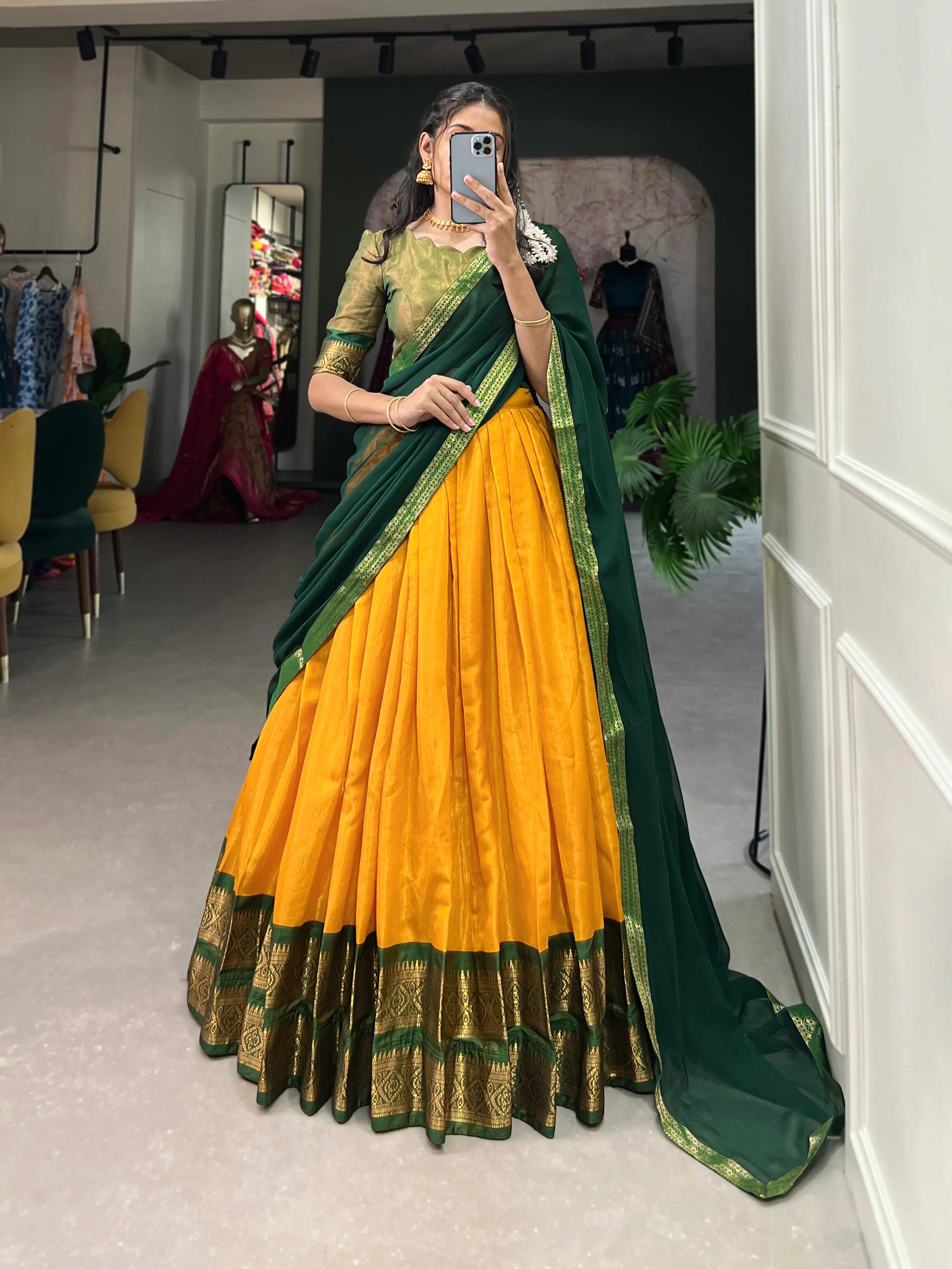 Yellow Kanchipuram Zari Weaving Work Lehenga Choli | Ready To Wear - qivii