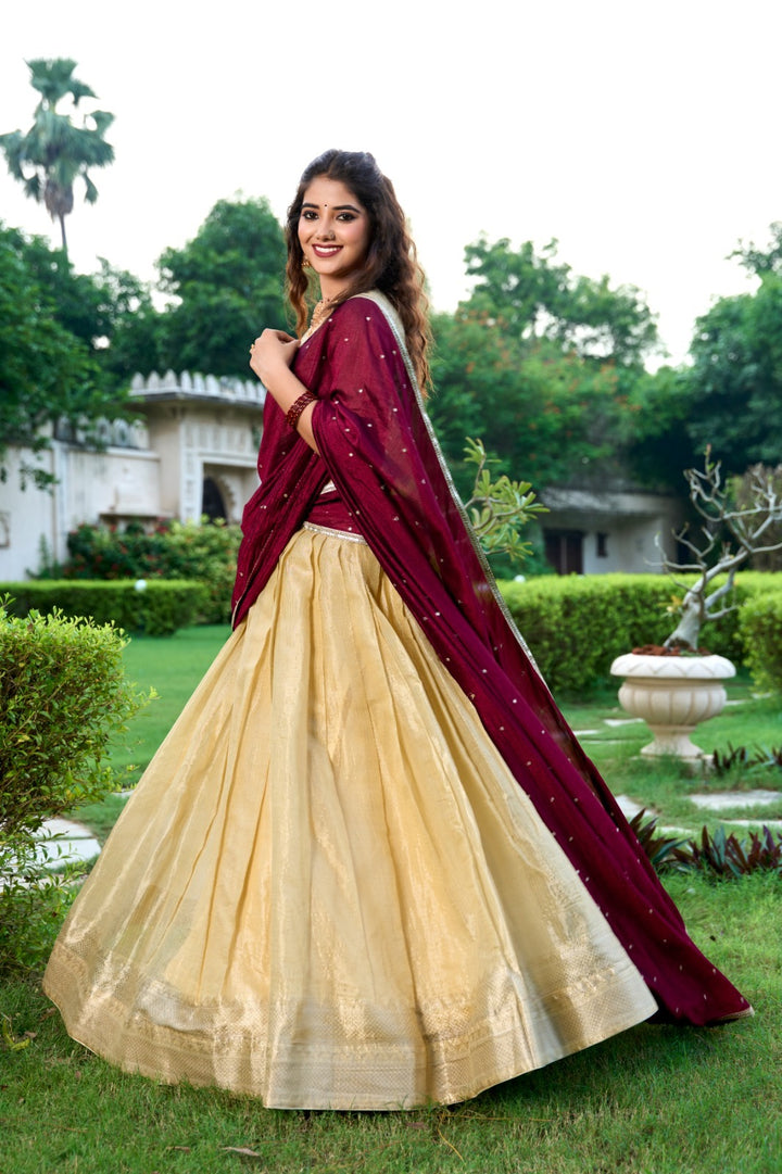 Cream Color Kanchipuram Zari Weaving Work Lehenga