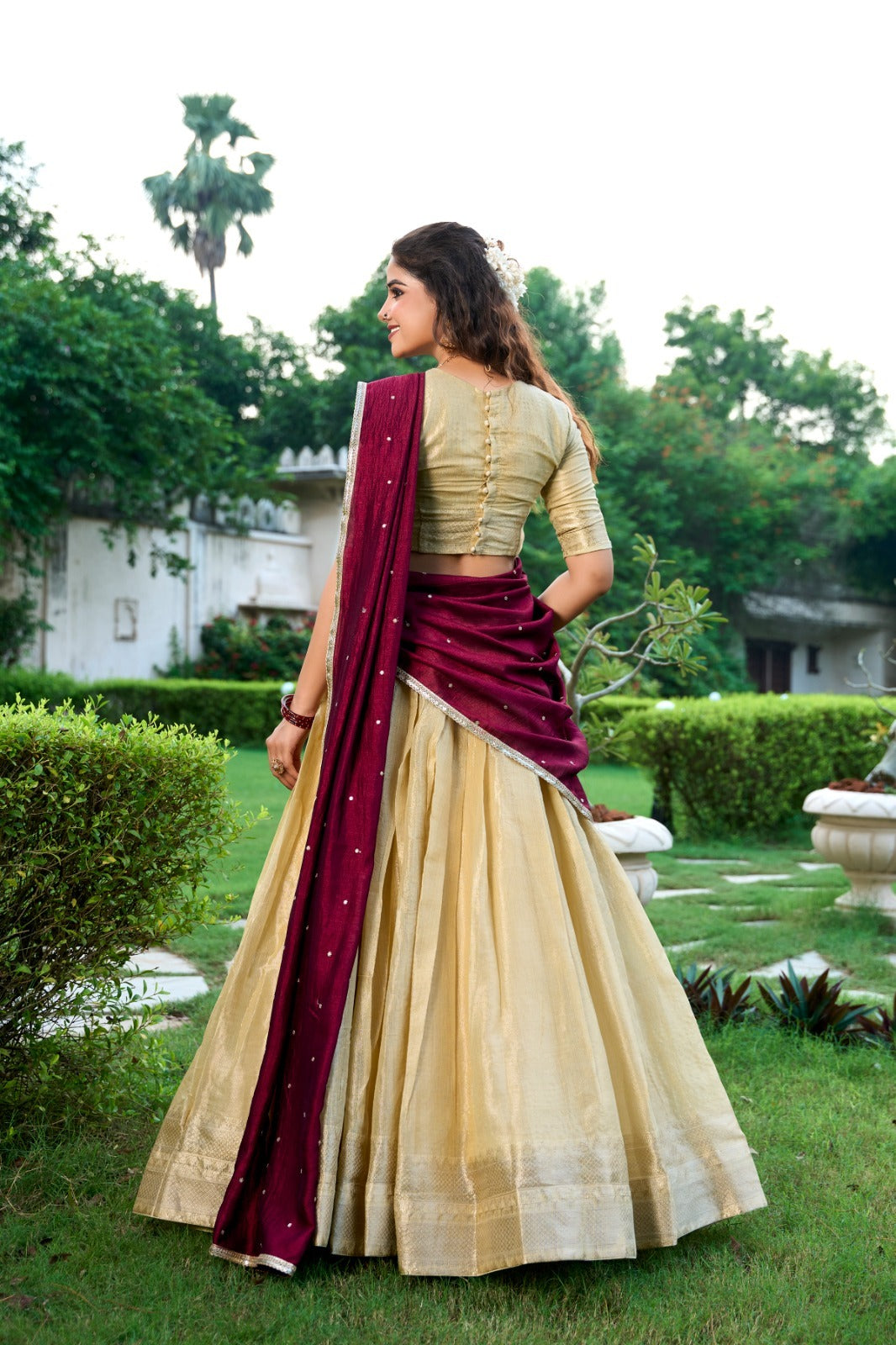 Cream Color Kanchipuram Zari Weaving Work Lehenga