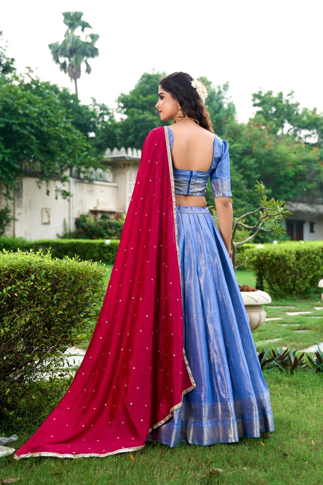 Sea Blue Color Kanchipuram Zari Weaving Work Lehenga