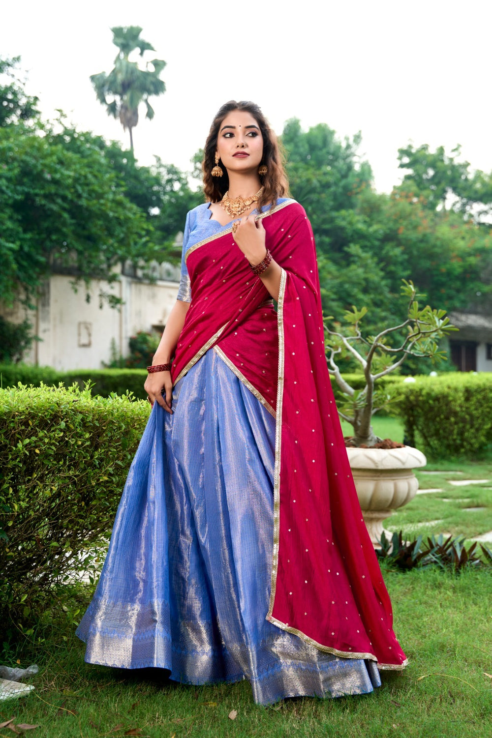 Exquisite Sea Blue Color Kanchipuram Zari Weaving Work Lehenga, perfect for weddings and special occasions, featuring intricate weaving details and stunning craftsmanship