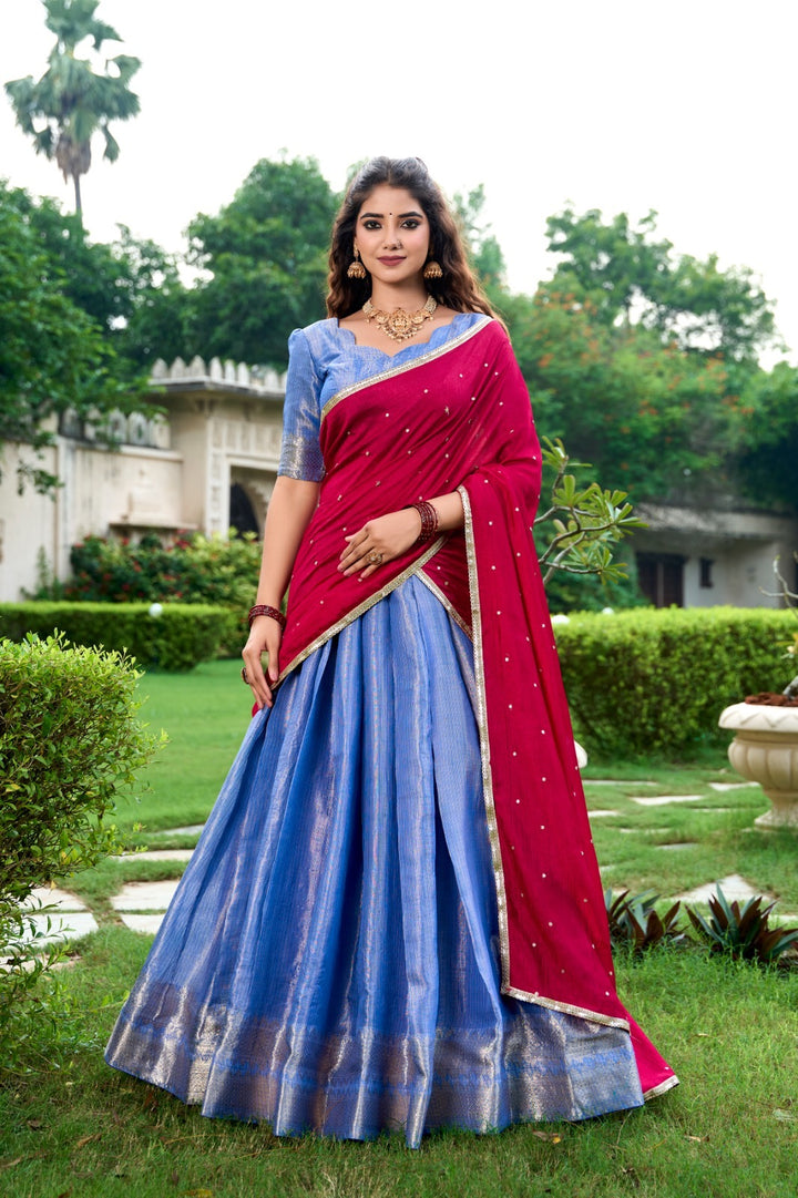 Sea Blue Color Kanchipuram Zari Weaving Work Lehenga