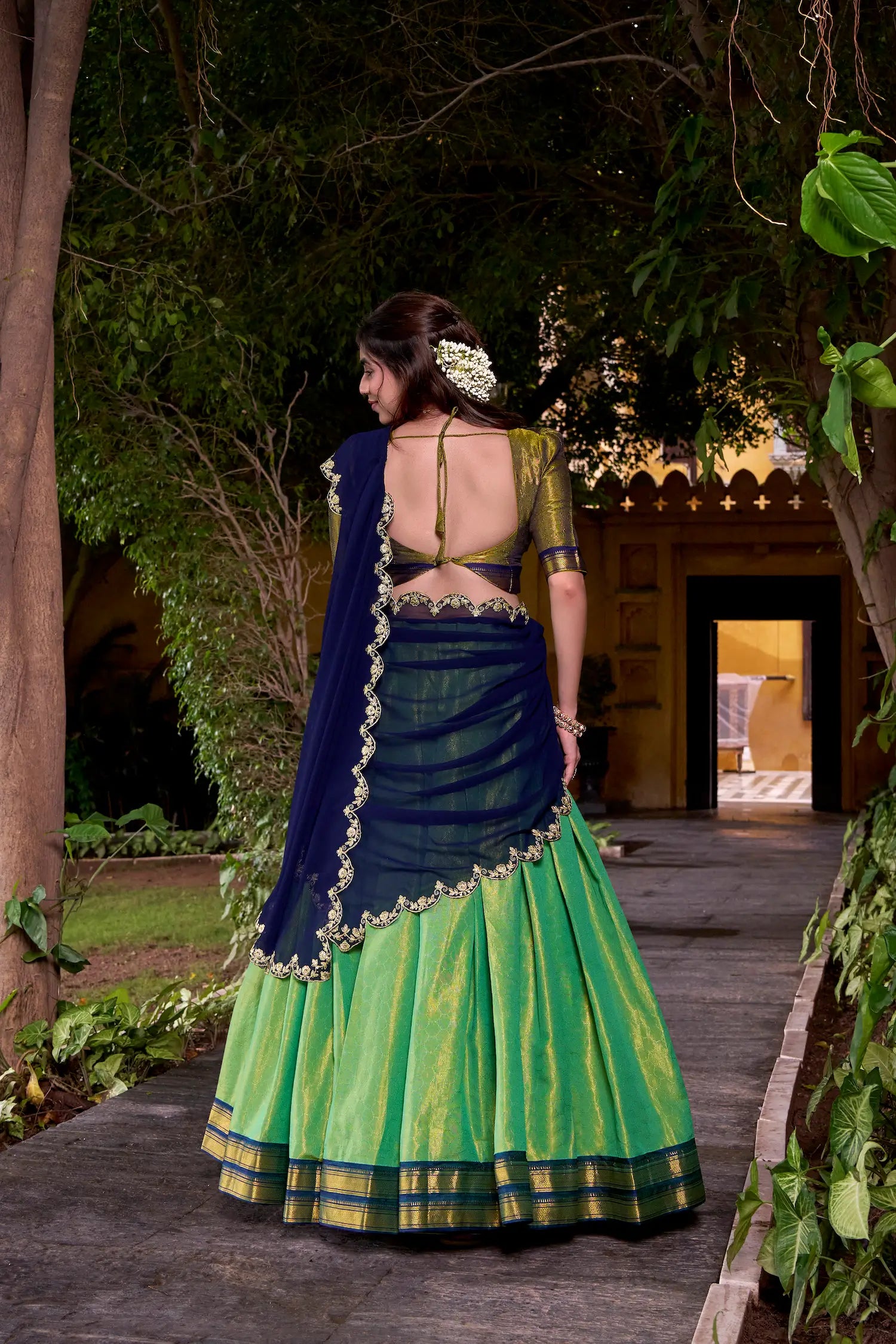 Parrot Green Kanchipuram Zari Weaving Work Lehenga Choli - qivii