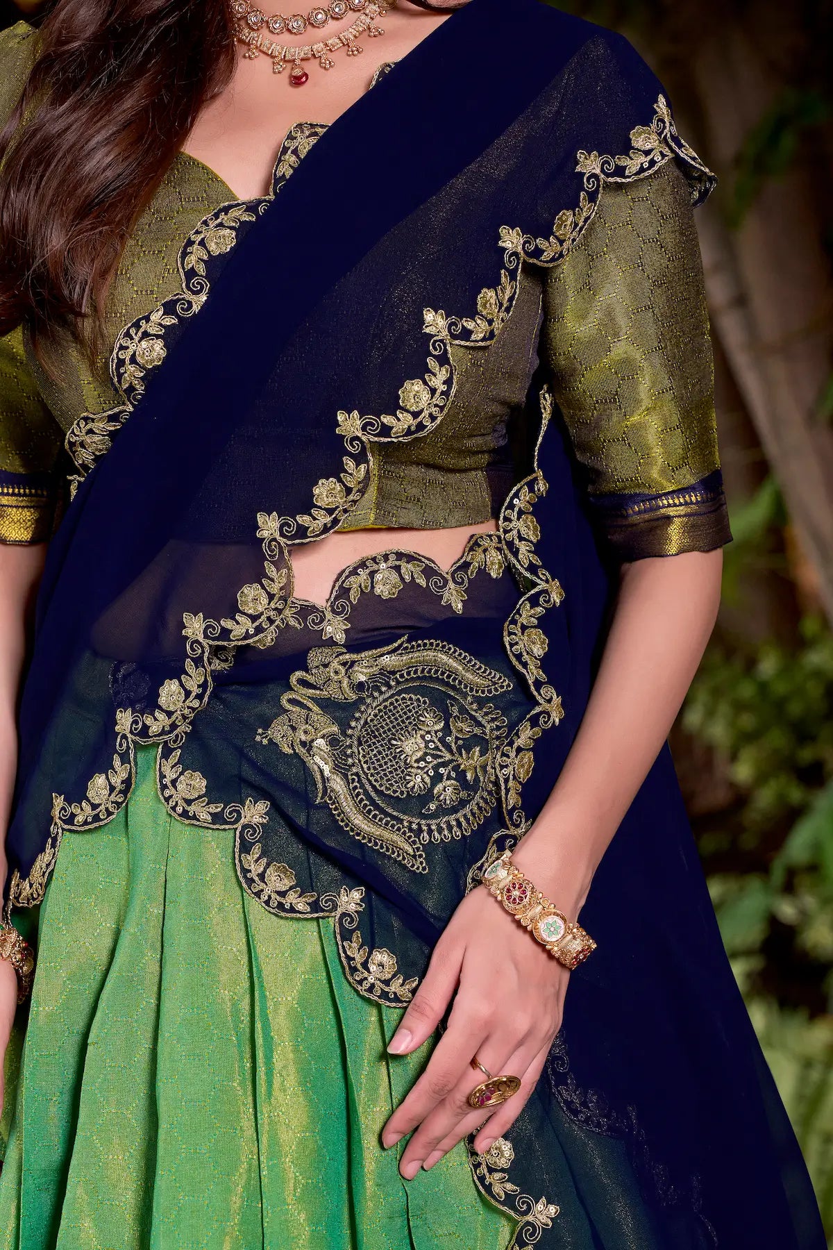 Parrot Green Kanchipuram Zari Weaving Work Lehenga Choli - qivii