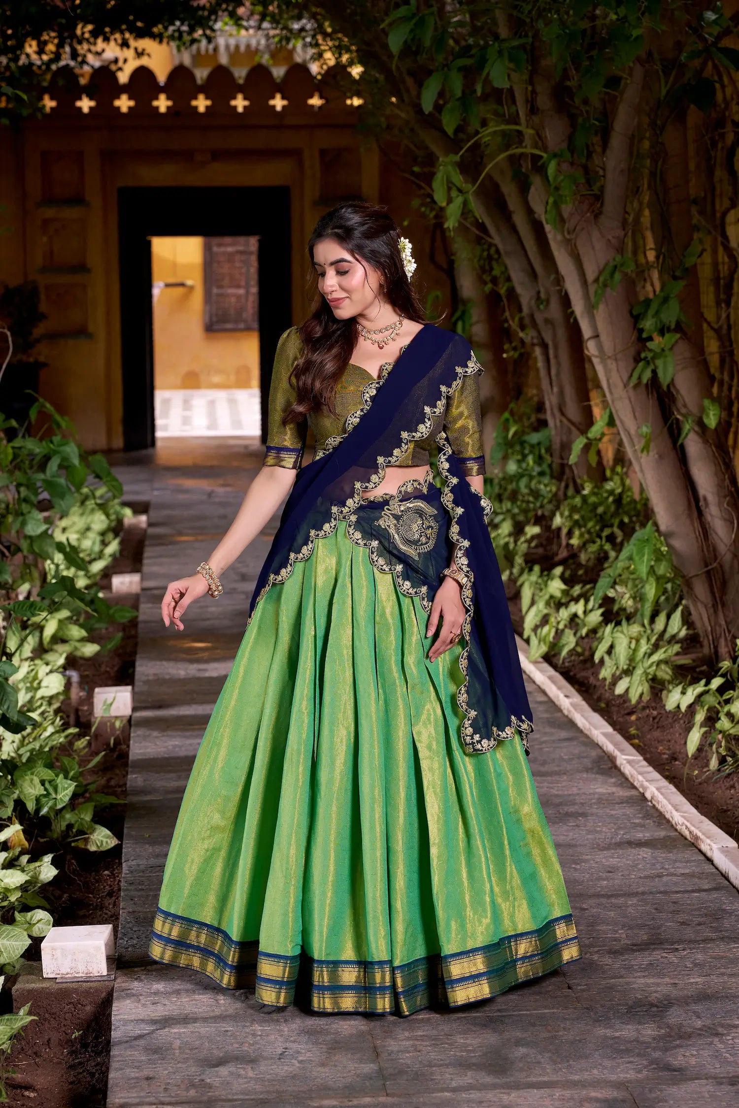 Parrot Green Kanchipuram Zari Weaving Work Lehenga Choli - qivii