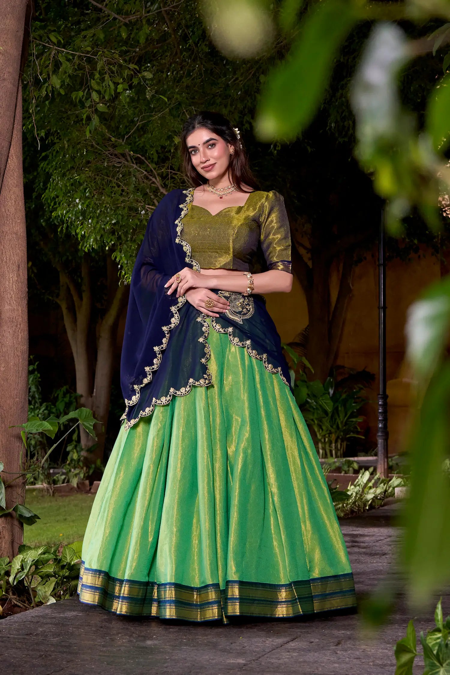 Parrot Green Kanchipuram Zari Weaving Work Lehenga Choli - qivii