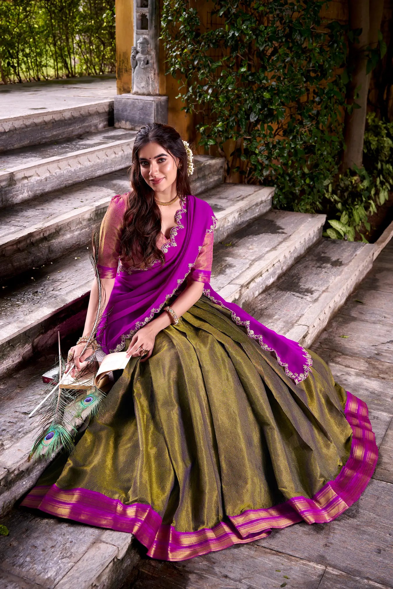 Dark Olive Kanchipuram Zari Weaving Work Lehenga Choli - qivii