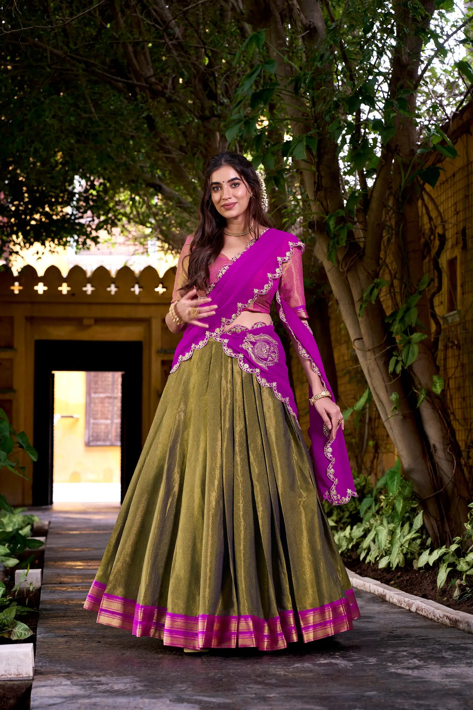 Dark Olive Kanchipuram Zari Weaving Work Lehenga Choli - qivii
