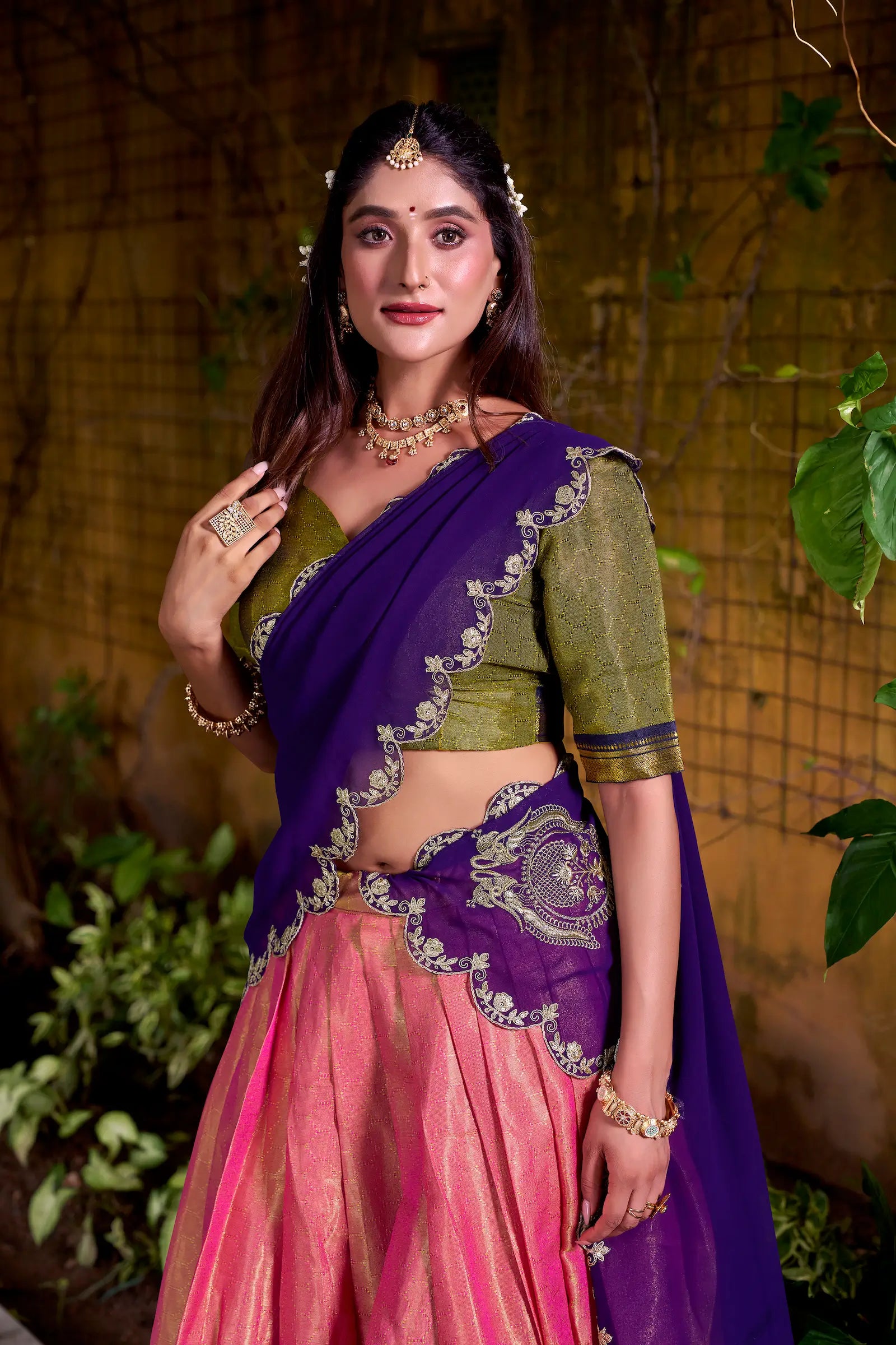 Peach Pink Kanchipuram Zari Weaving Work Lehenga Choli - qivii