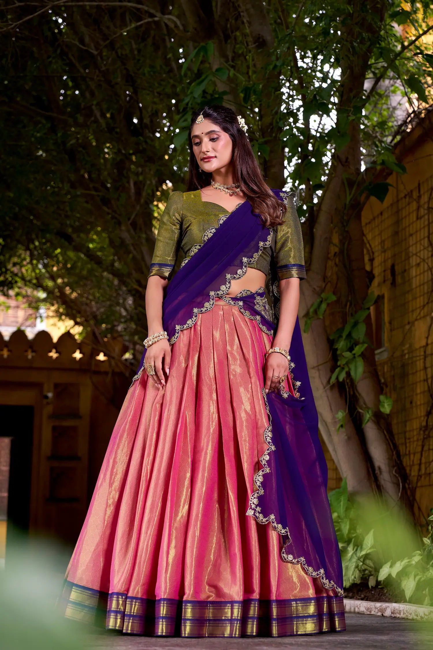 Peach Pink Kanchipuram Zari Weaving Work Lehenga Choli - qivii