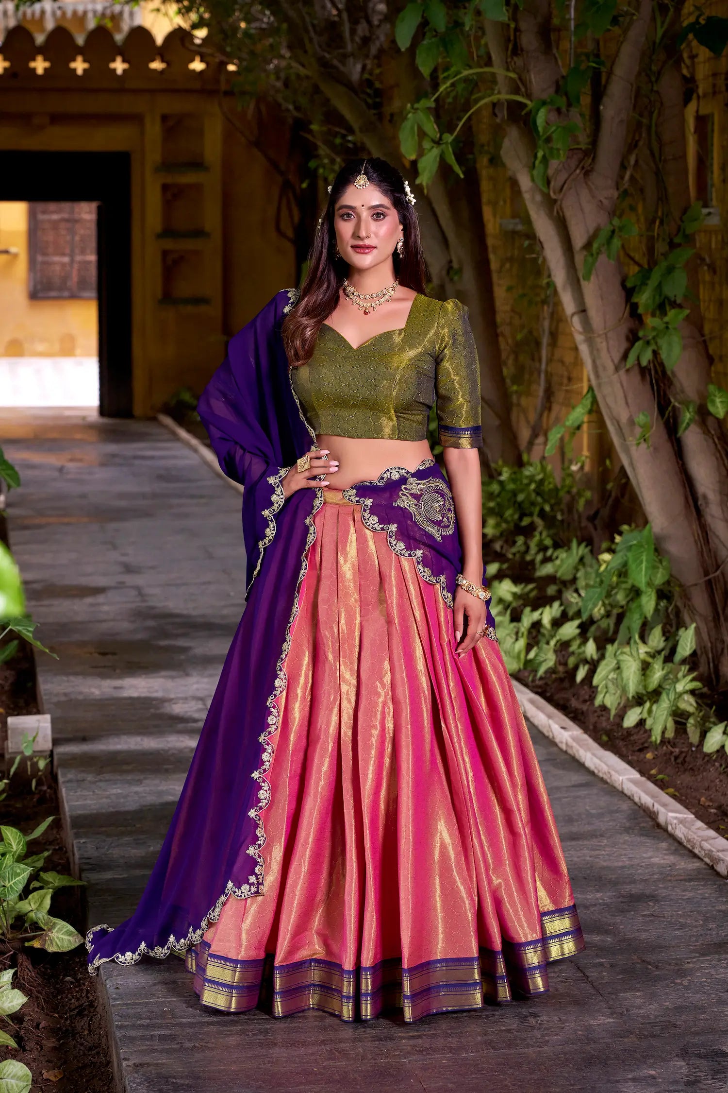 Peach Pink Kanchipuram Zari Weaving Work Lehenga Choli - qivii