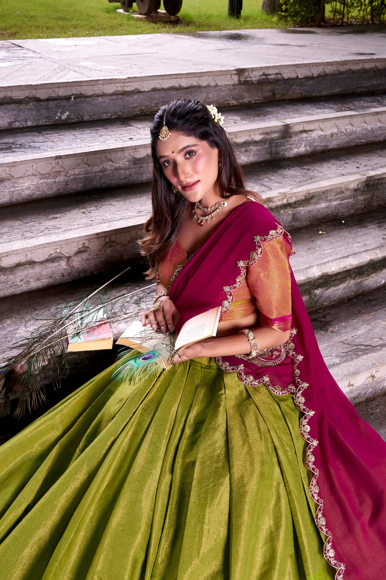 Olive Green Kanchipuram Zari Weaving Work Lehenga Choli - qivii
