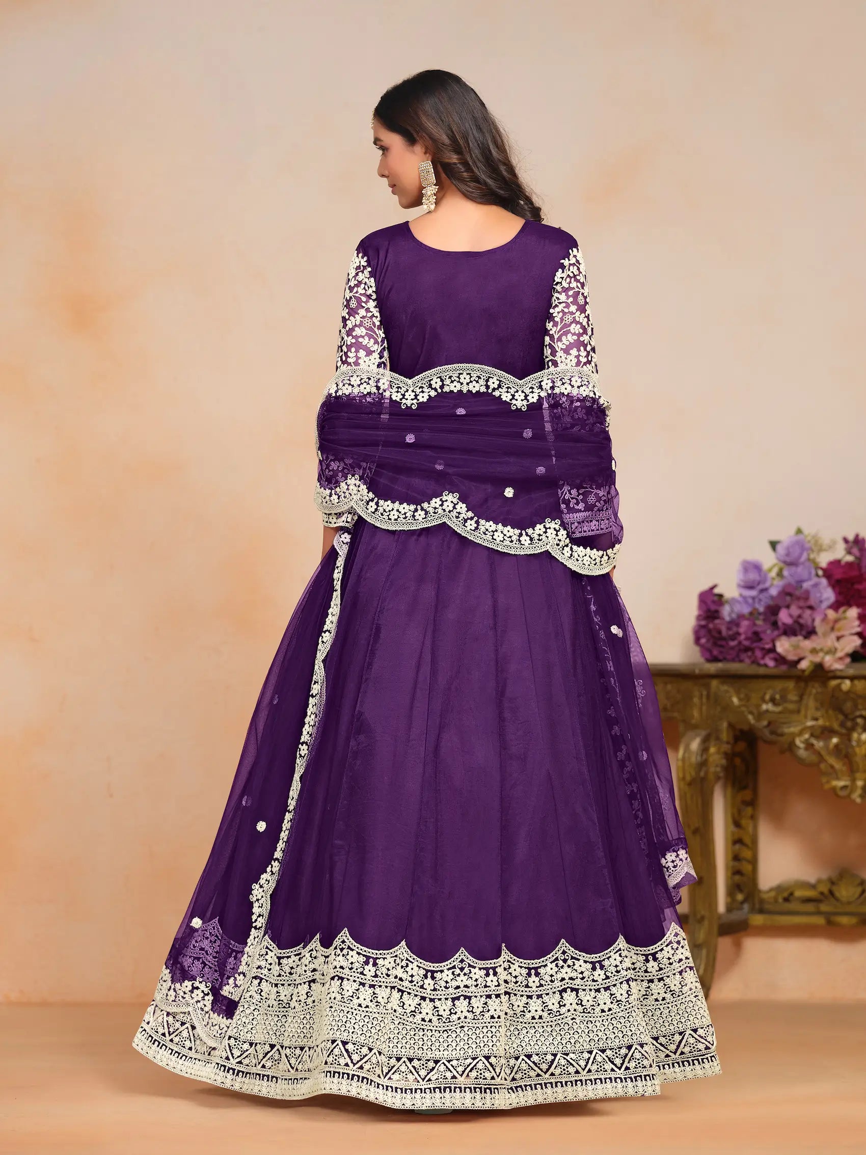 Purple Net Gown With Sequence & Thread Embroidery Work - qivii
