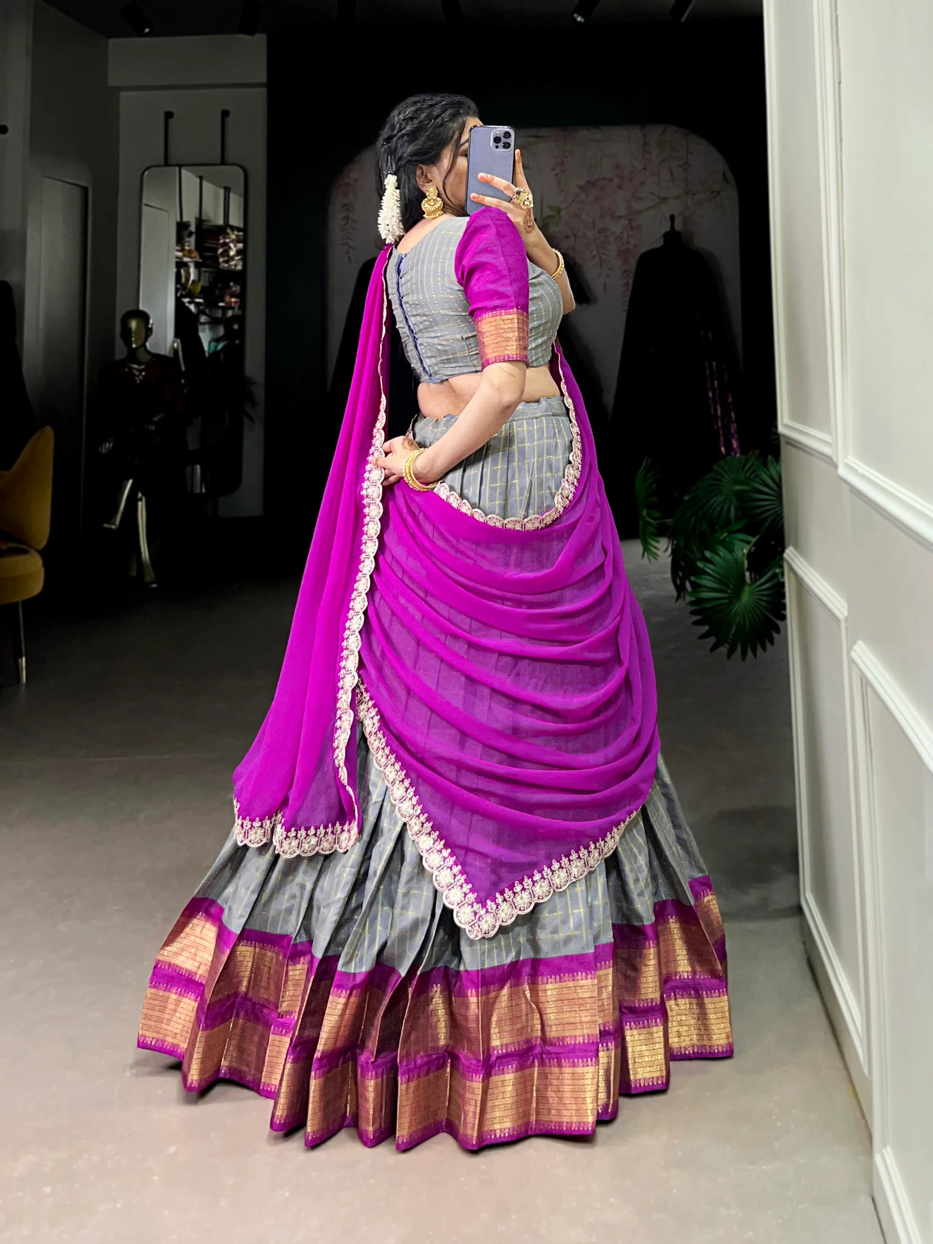 Grey Zari Chex With Zari Weaving Work Lehenga Choli | Ready To Wear - qivii