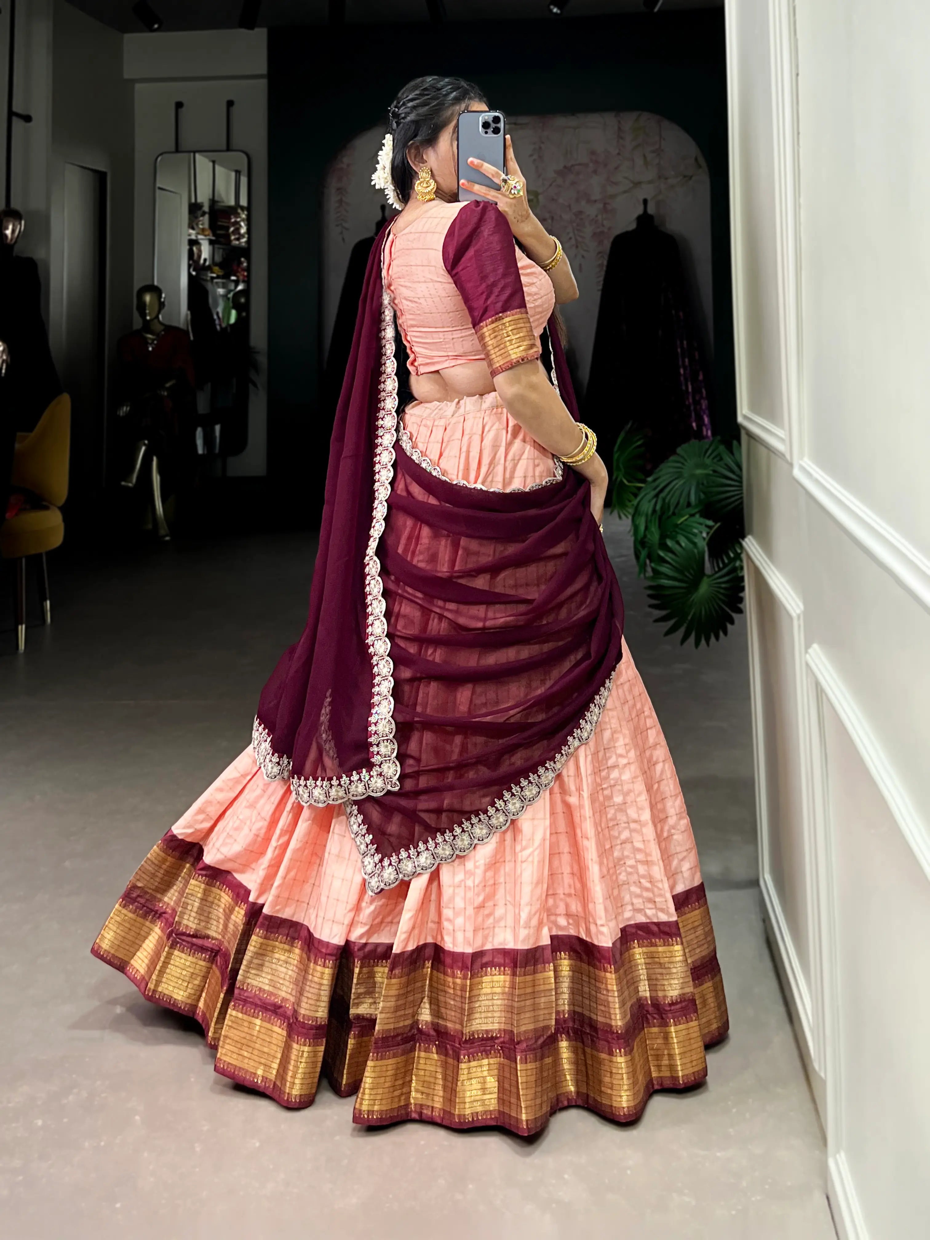 Peach Zari Chex With Zari Weaving Work Lehenga Choli | Ready To Wear - qivii