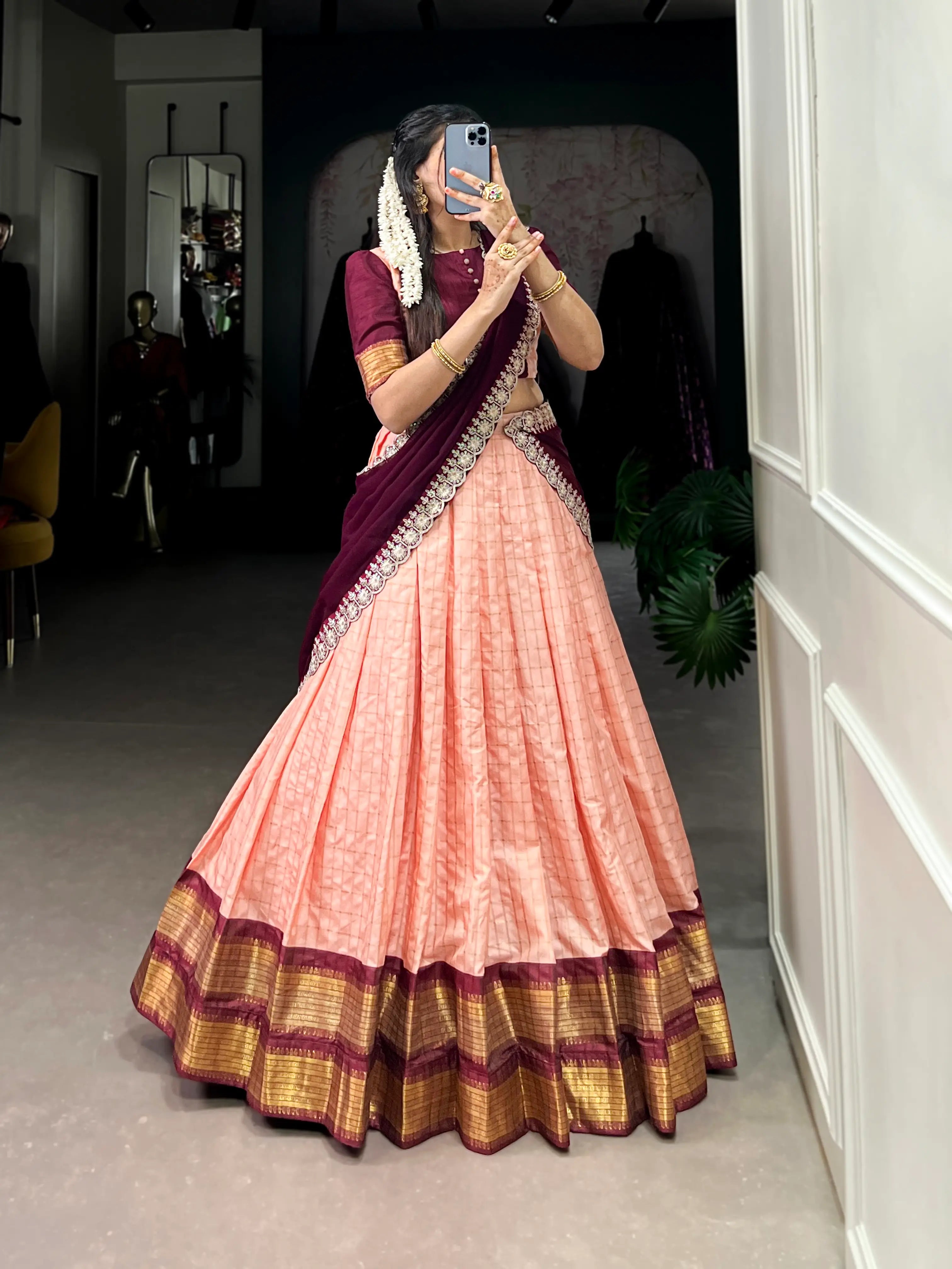 Peach Zari Chex With Zari Weaving Work Lehenga Choli | Ready To Wear - qivii