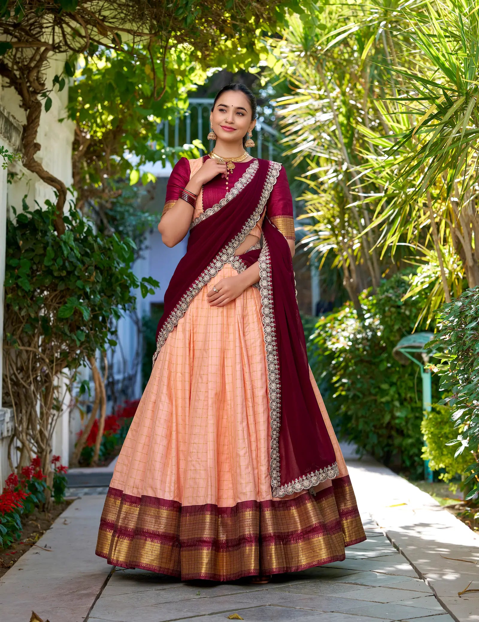 Peach Zari Chex With Zari Weaving Work Lehenga Choli | Ready To Wear - qivii
