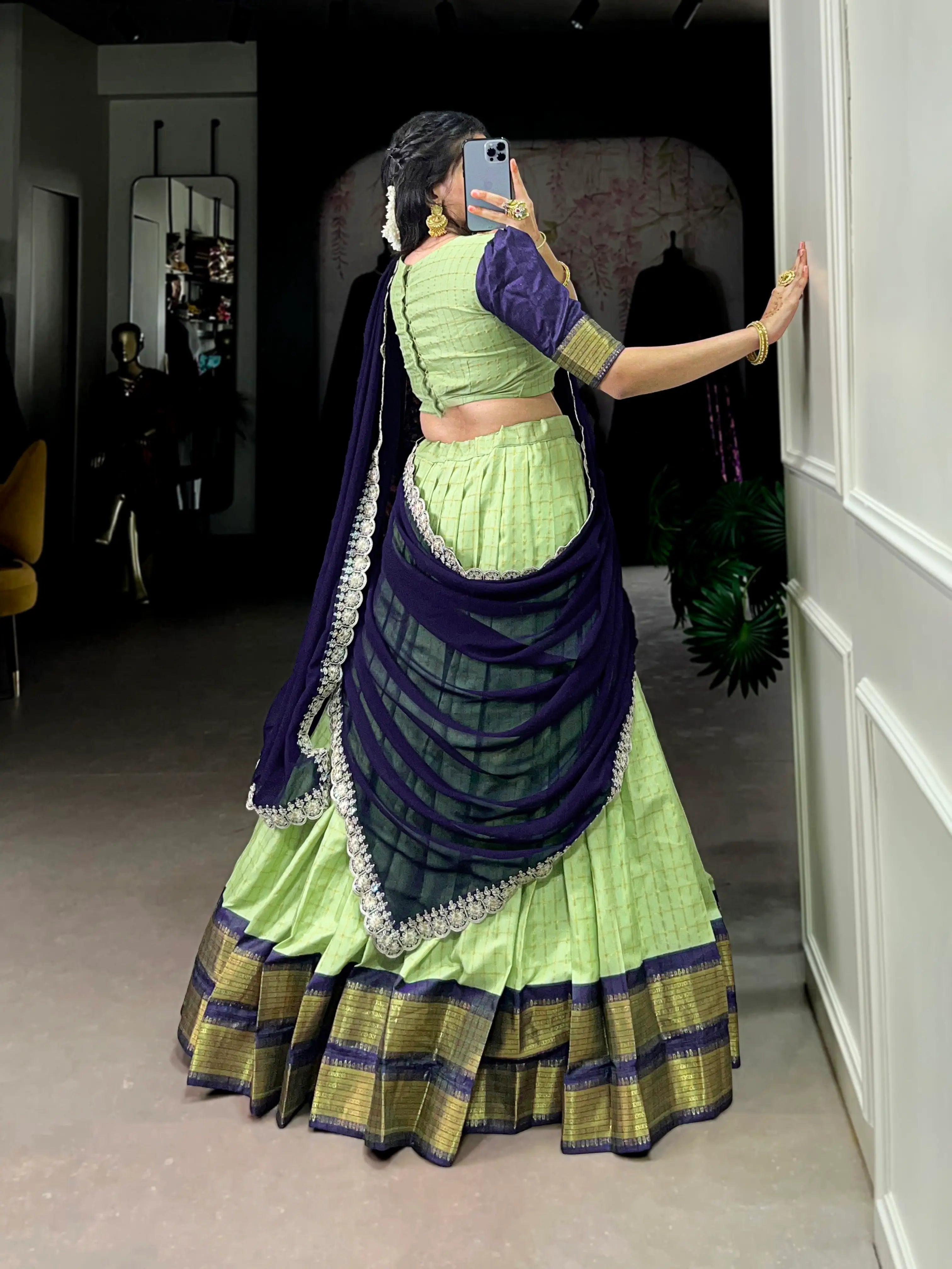 Pistachio Green Zari Chex With Zari Weaving Work Lehenga Choli | Ready To Wear - qivii