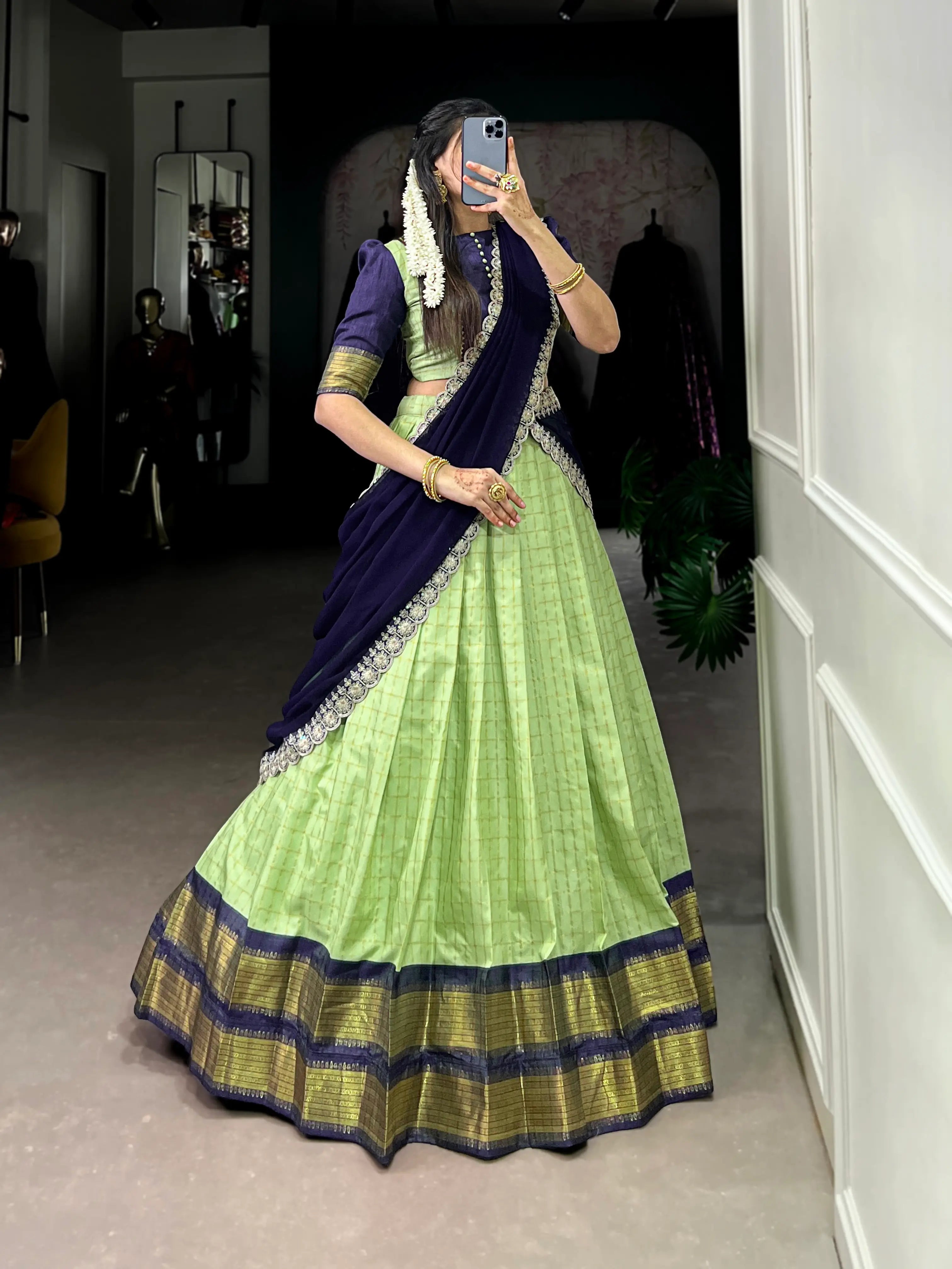 Pistachio Green Zari Chex With Zari Weaving Work Lehenga Choli | Ready To Wear - qivii