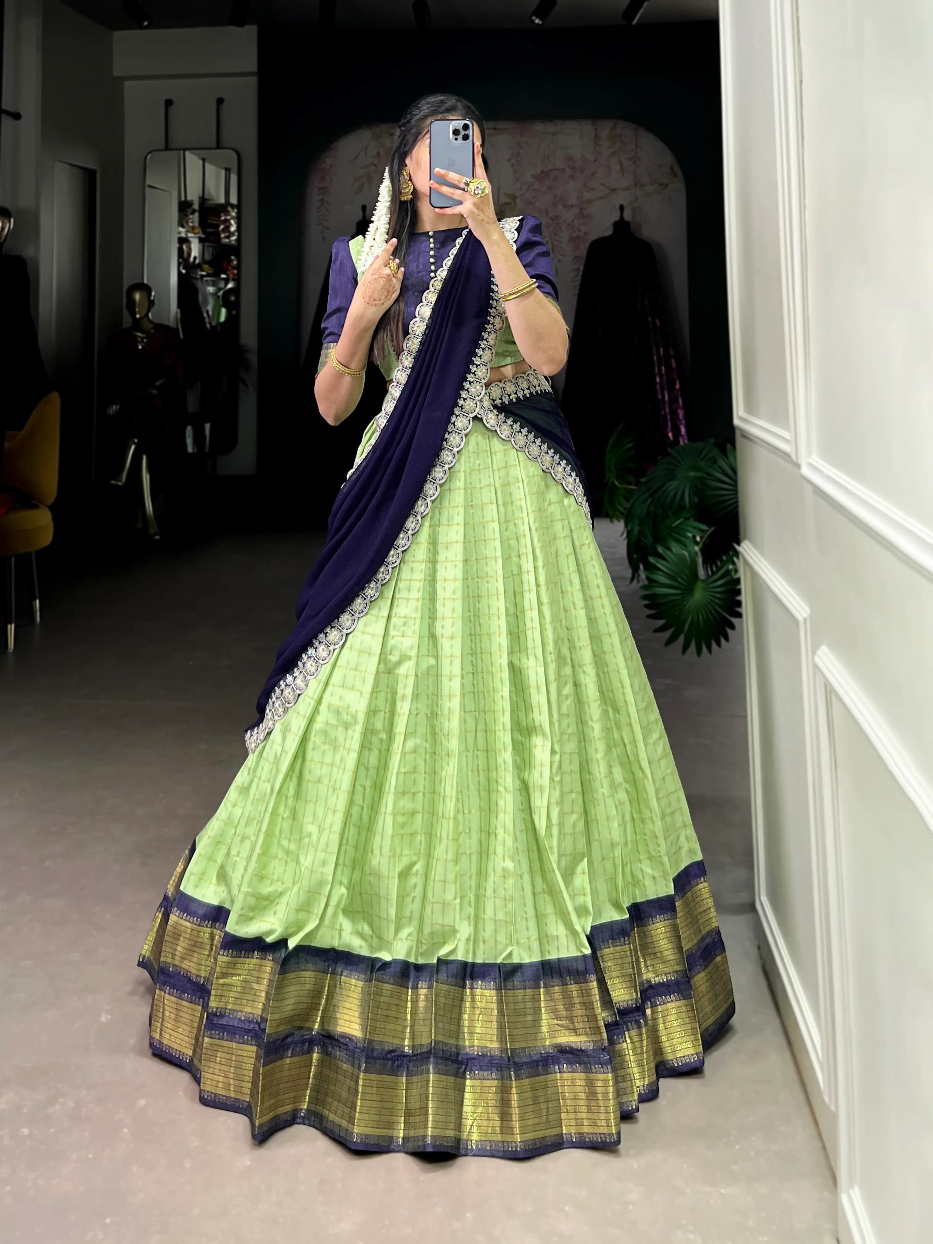 Pistachio Green Zari Chex With Zari Weaving Work Lehenga Choli | Ready To Wear - qivii