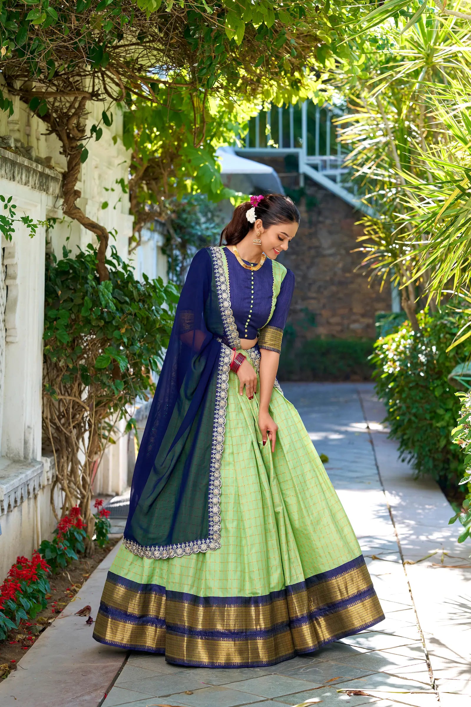 Pistachio Green Zari Chex With Zari Weaving Work Lehenga Choli | Ready To Wear - qivii
