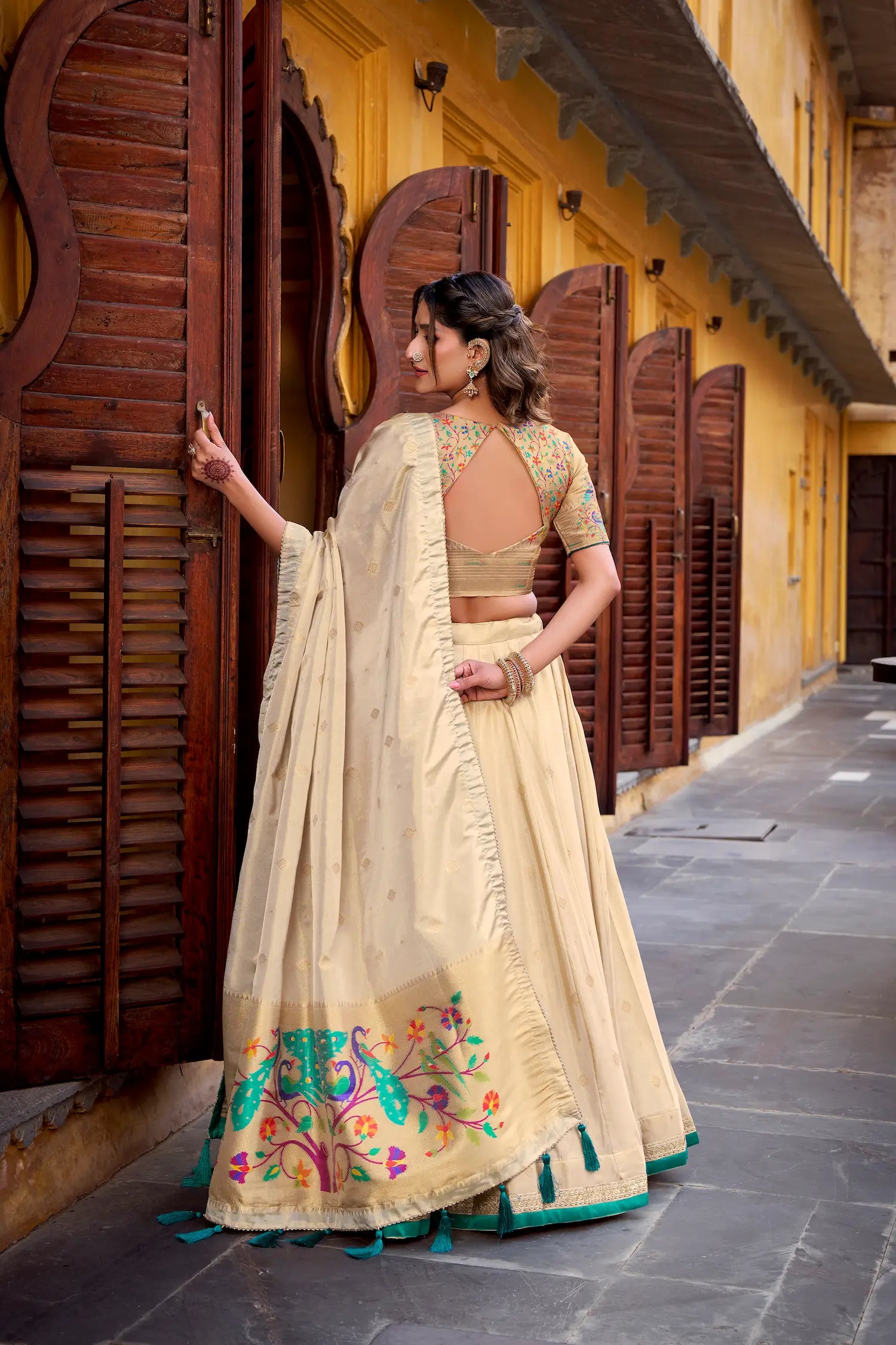 Beige-Teal Shimmer Paithani Lehenga Choli