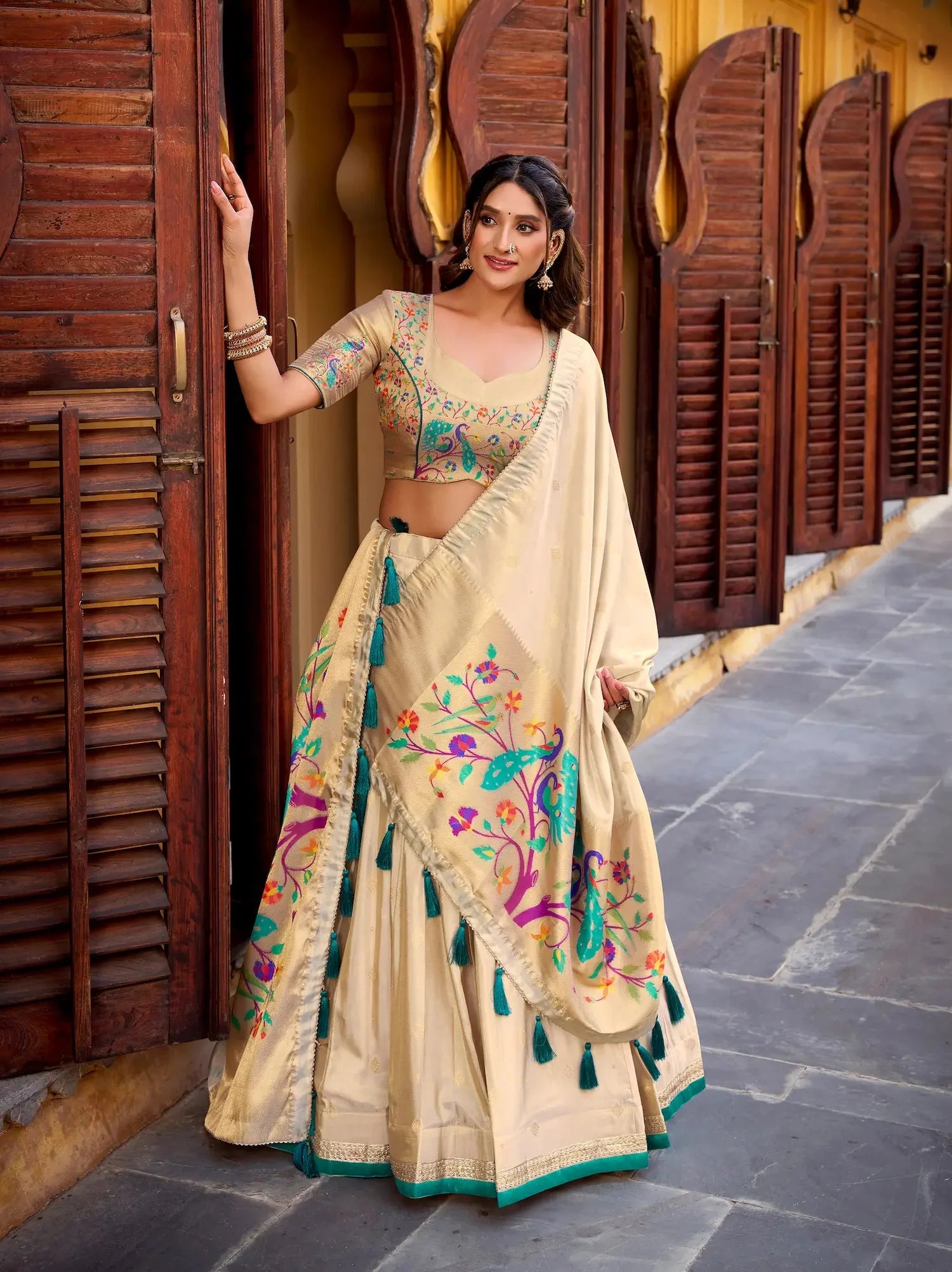 Beige-Teal Shimmer Paithani Lehenga Choli