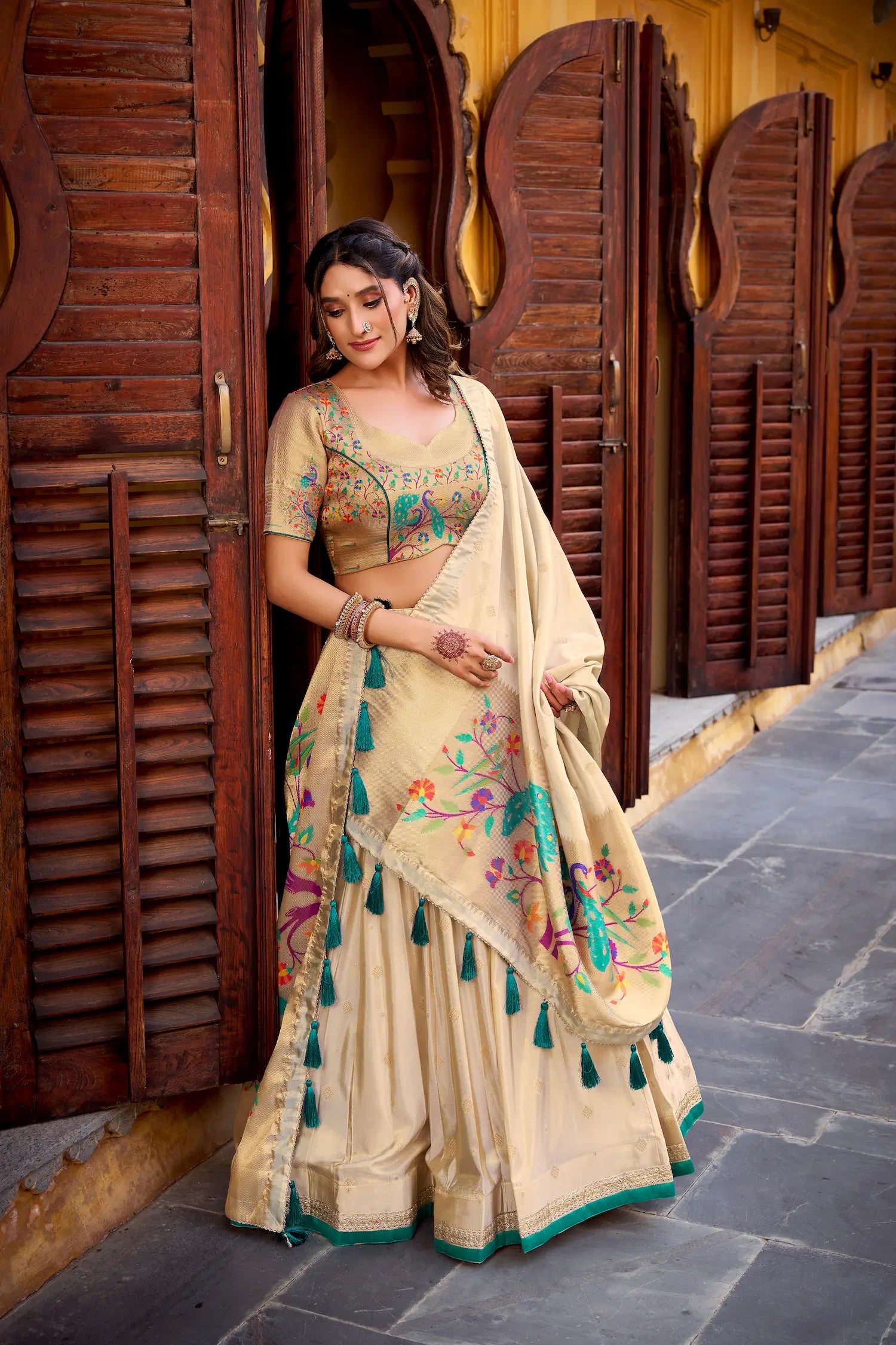 Beige-Teal Shimmer Paithani Lehenga Choli
