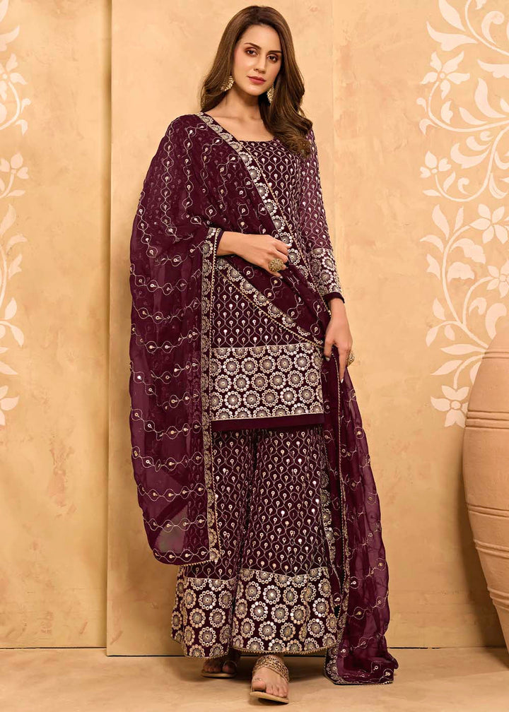 Sangria Purple Georgette Metti with Zari work Sharara Suit By Qivii