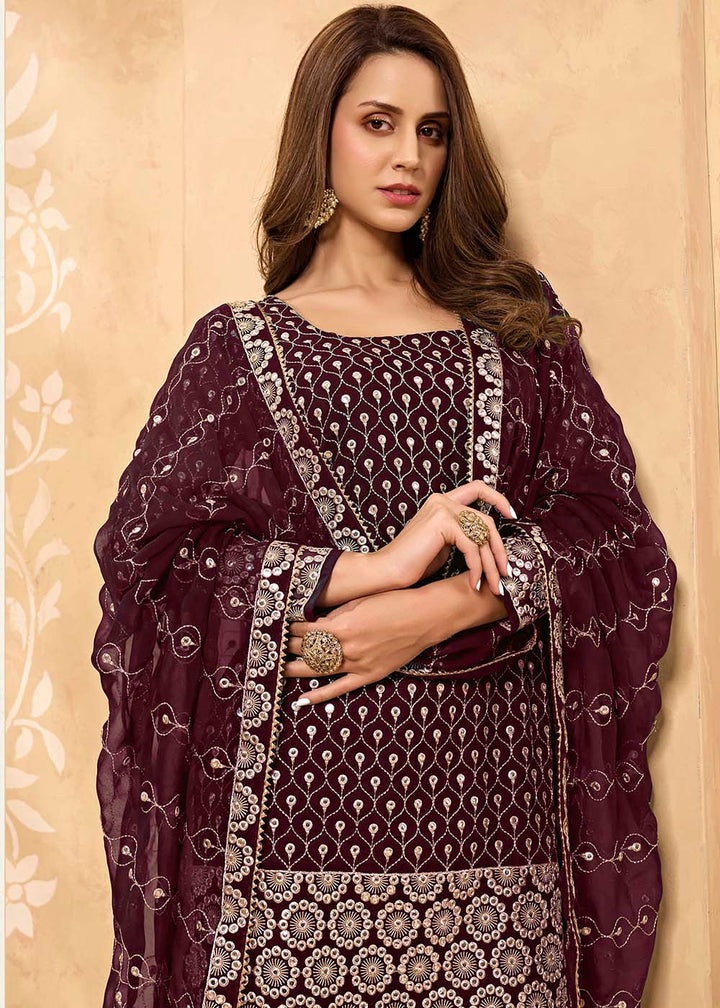 Sangria Purple Georgette Metti with Zari work Sharara Suit By Qivii