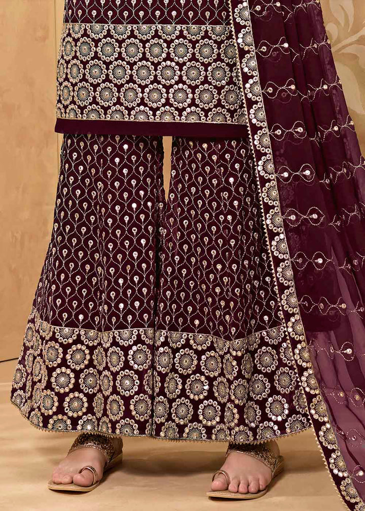 Sangria Purple Georgette Metti with Zari work Sharara Suit By Qivii