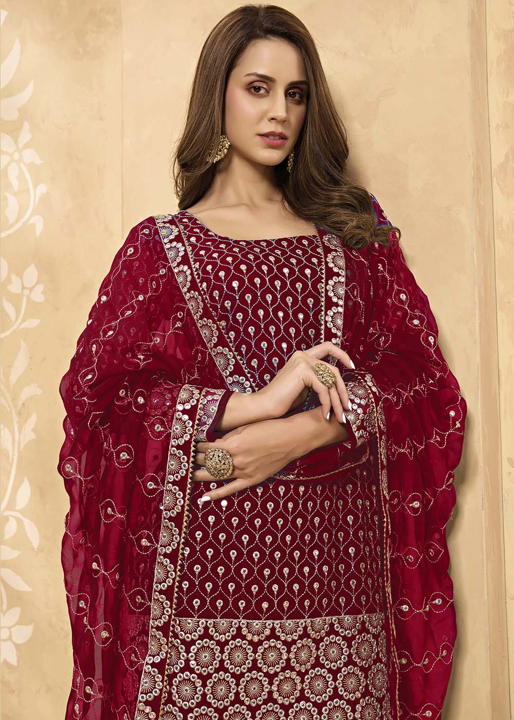 Cerise Pink Georgette Metti with Zari work Sharara Suit By Qivii