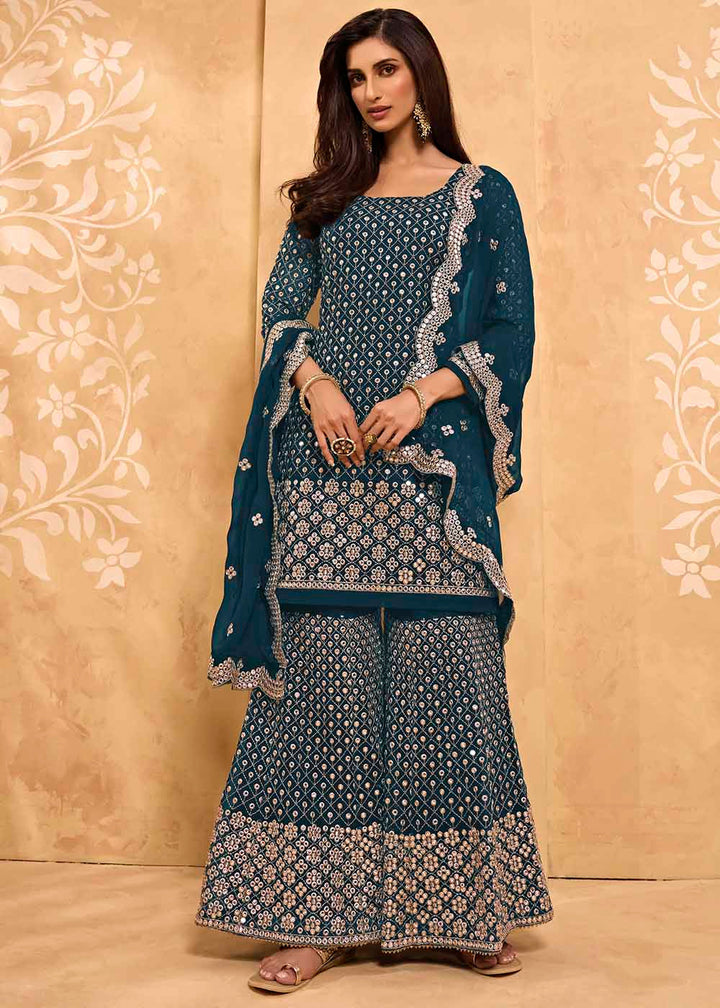 Aegean Blue Georgette Metti with Zari work Sharara Suit By Qivii