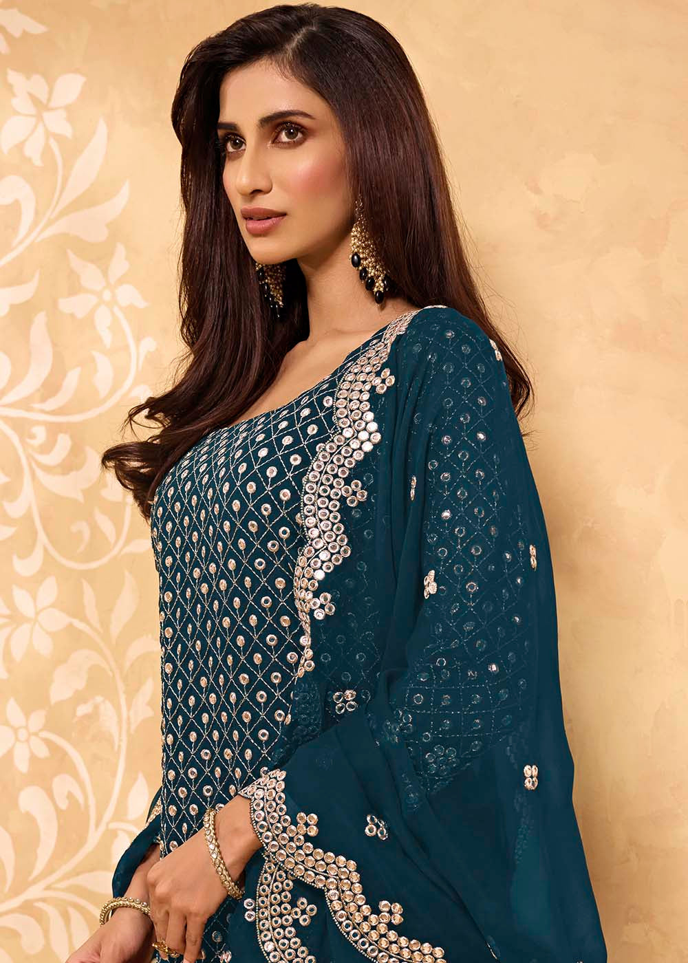 Aegean Blue Georgette Metti with Zari work Sharara Suit By Qivii