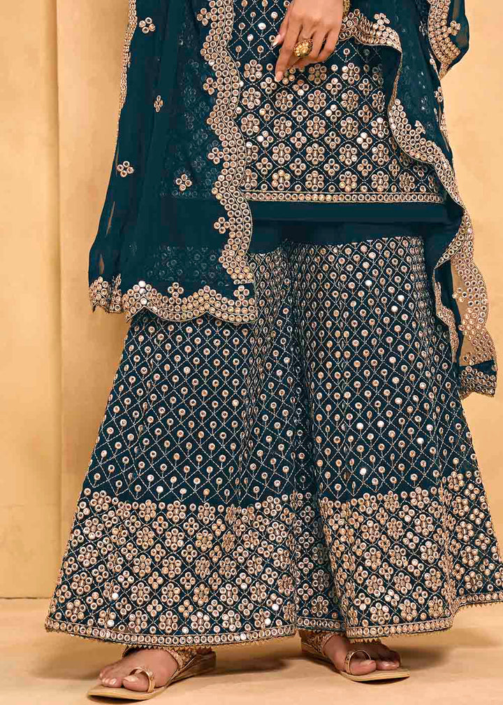 Aegean Blue Georgette Metti with Zari work Sharara Suit By Qivii